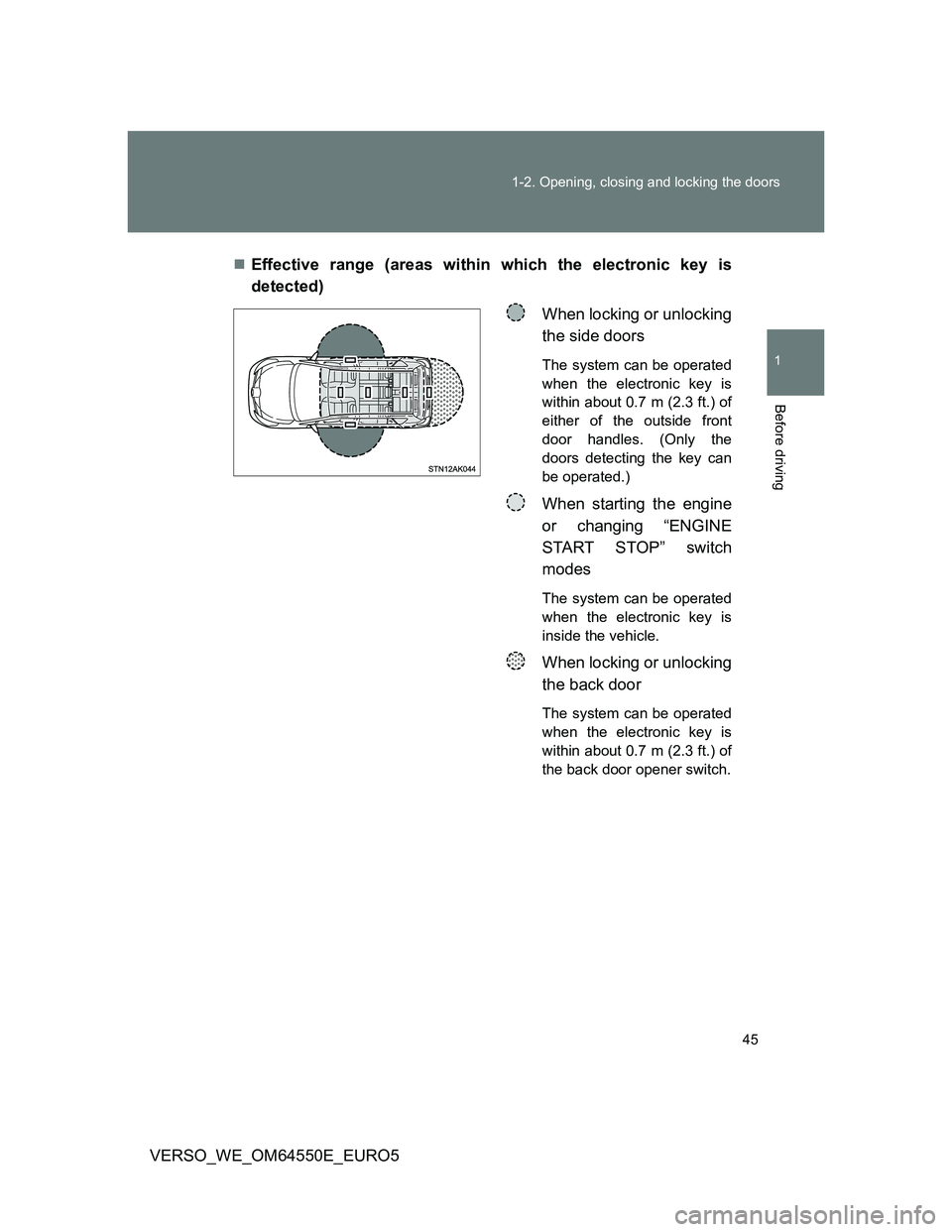 TOYOTA VERSO 2013  Owners Manual 45 1-2. Opening, closing and locking the doors
1
Before driving
VERSO_WE_OM64550E_EURO5Effective range (areas within which the electronic key is
detected)
When locking or unlocking
the side doors
T