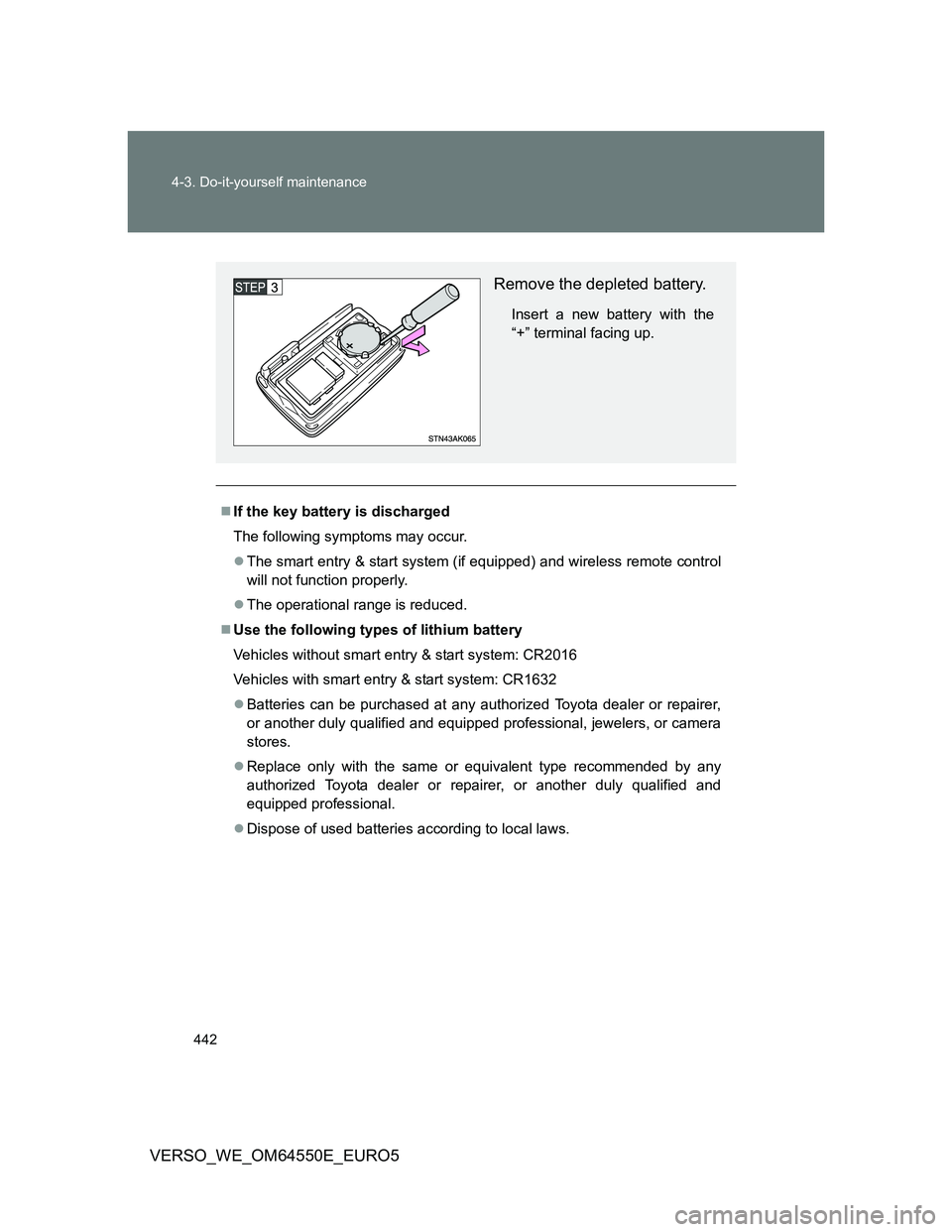 TOYOTA VERSO 2013  Owners Manual 442 4-3. Do-it-yourself maintenance
VERSO_WE_OM64550E_EURO5
If the key battery is discharged
The following symptoms may occur.
The smart entry & start system (if equipped) and wireless remote co