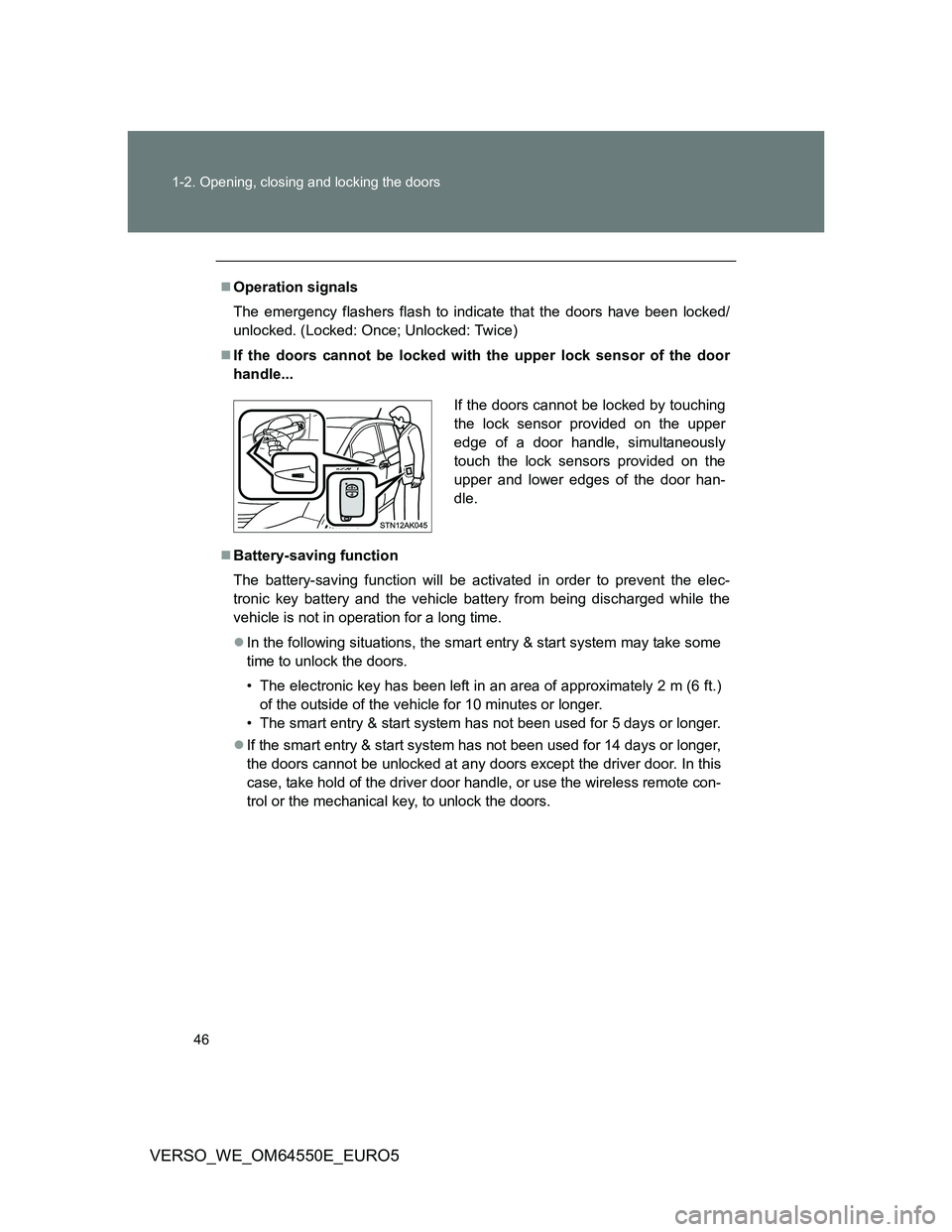 TOYOTA VERSO 2013 Service Manual 46 1-2. Opening, closing and locking the doors
VERSO_WE_OM64550E_EURO5
Operation signals
The emergency flashers flash to indicate that the doors have been locked/
unlocked. (Locked: Once; Unlocked: TOYOTA VERSO 2013 Service Manual 46 1-2. Opening, closing and locking the doors
VERSO_WE_OM64550E_EURO5
Operation signals
The emergency flashers flash to indicate that the doors have been locked/
unlocked. (Locked: Once; Unlocked: