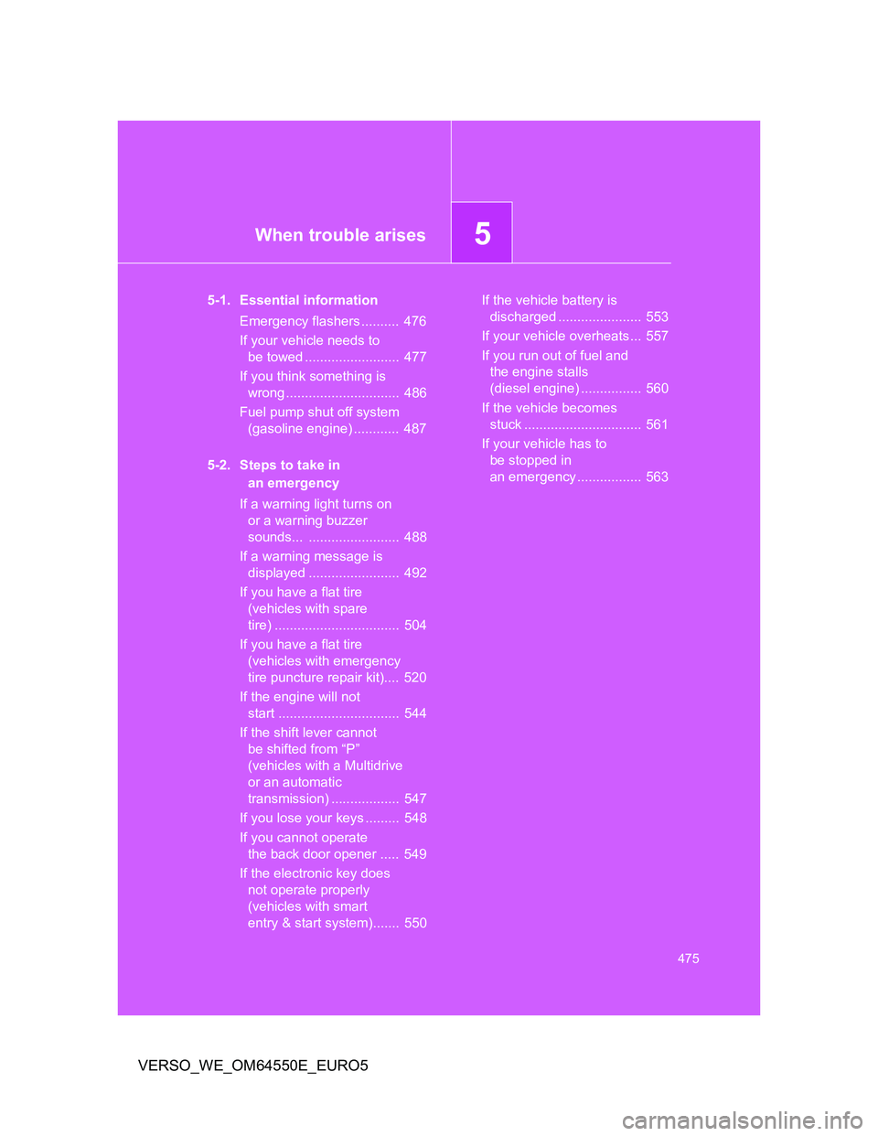 TOYOTA VERSO 2013 Owners Manual 5When trouble arises
475
VERSO_WE_OM64550E_EURO5
5-1. Essential information
Emergency flashers .......... 476
If your vehicle needs to
be towed ......................... 477
If you think something TOYOTA VERSO 2013 Owners Manual 5When trouble arises
475
VERSO_WE_OM64550E_EURO5
5-1. Essential information
Emergency flashers .......... 476
If your vehicle needs to
be towed ......................... 477
If you think something