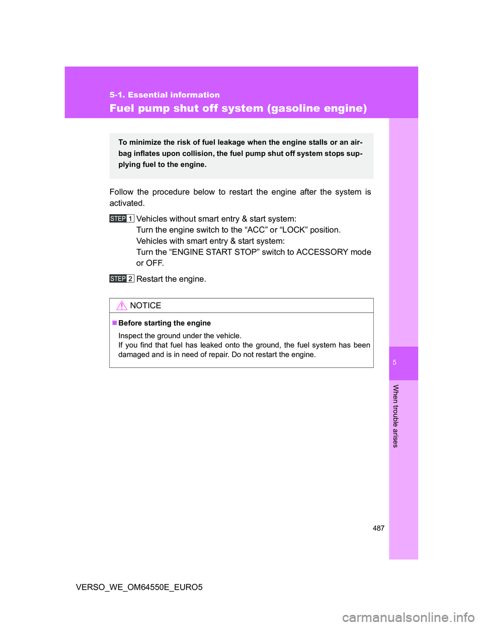 TOYOTA VERSO 2013 Owners Manual 5
487
5-1. Essential information
When trouble arises
VERSO_WE_OM64550E_EURO5
Fuel pump shut off system (gasoline engine)
Follow the procedure below to restart the engine after the system is
activated. TOYOTA VERSO 2013 Owners Manual 5
487
5-1. Essential information
When trouble arises
VERSO_WE_OM64550E_EURO5
Fuel pump shut off system (gasoline engine)
Follow the procedure below to restart the engine after the system is
activated.