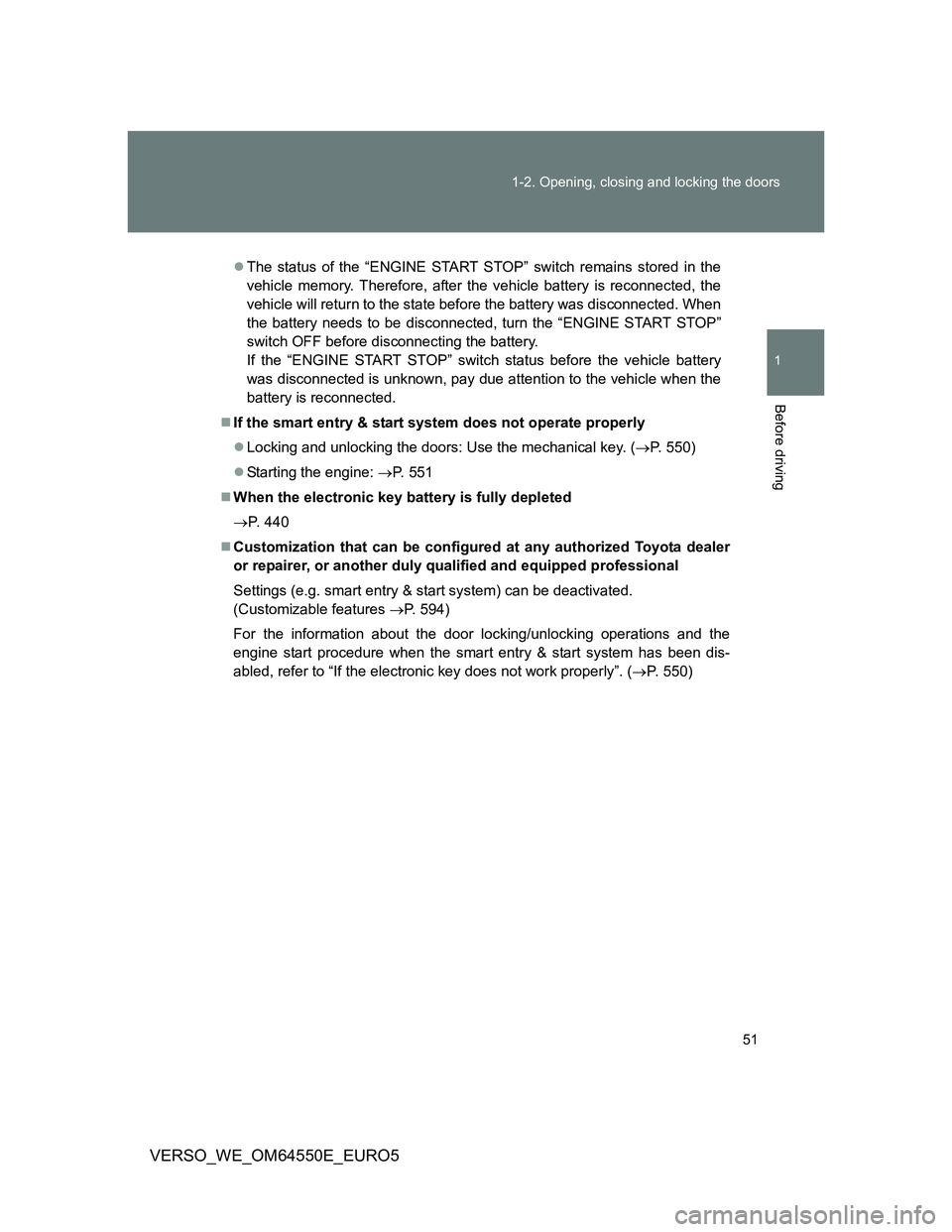 TOYOTA VERSO 2013 Workshop Manual 51 1-2. Opening, closing and locking the doors
1
Before driving
VERSO_WE_OM64550E_EURO5
The status of the “ENGINE START STOP” switch remains stored in the
vehicle memory. Therefore, after the v TOYOTA VERSO 2013 Workshop Manual 51 1-2. Opening, closing and locking the doors
1
Before driving
VERSO_WE_OM64550E_EURO5
The status of the “ENGINE START STOP” switch remains stored in the
vehicle memory. Therefore, after the v