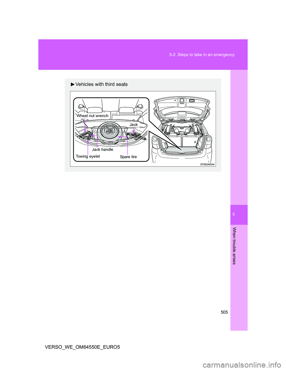 TOYOTA VERSO 2013  Owners Manual 5
505 5-2. Steps to take in an emergency
When trouble arises
VERSO_WE_OM64550E_EURO5
Vehicles with third seats
Spare tir e
 Jack handle
Jack
 Wheel nut wrench
Towing eyelet 