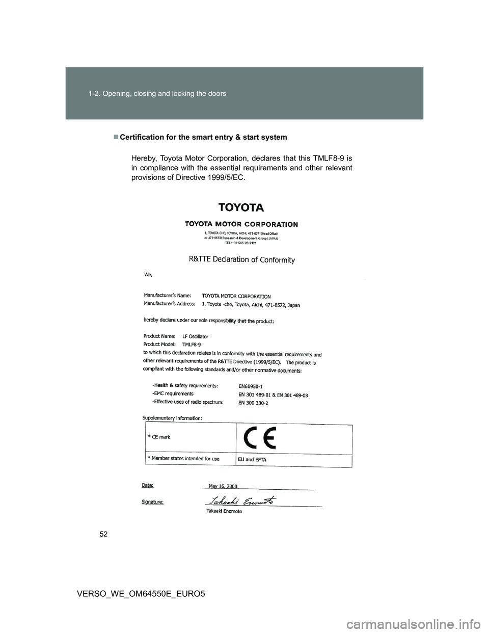 TOYOTA VERSO 2013 Workshop Manual 52 1-2. Opening, closing and locking the doors
VERSO_WE_OM64550E_EURO5
Certification for the smart entry & start system
Hereby, Toyota Motor Corporation, declares that this TMLF8-9 is
in compliance