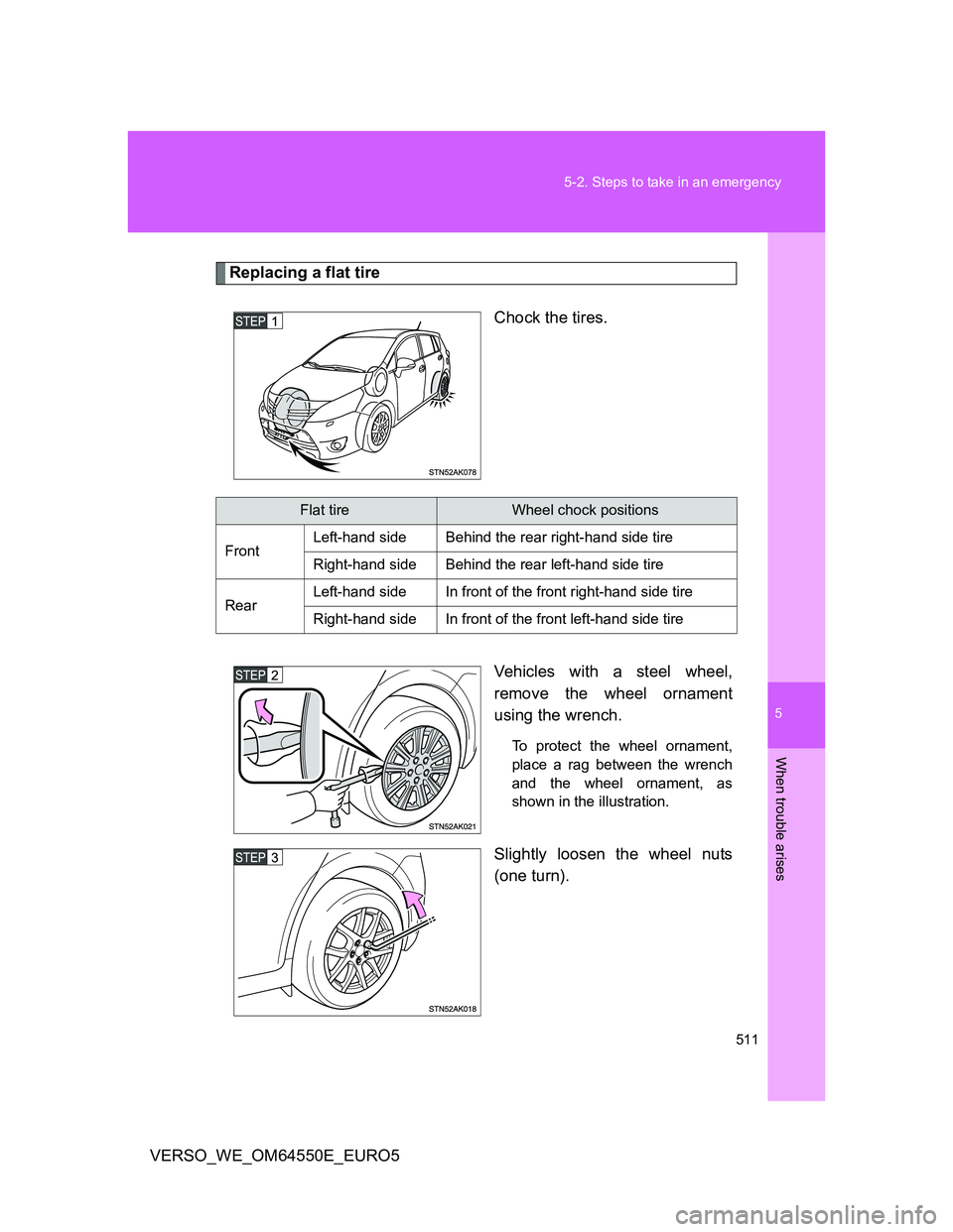TOYOTA VERSO 2013  Owners Manual 5
511 5-2. Steps to take in an emergency
When trouble arises
VERSO_WE_OM64550E_EURO5
Replacing a flat tire
Chock the tires.
Vehicles with a steel wheel,
remove the wheel ornament
using the wrench.
To 