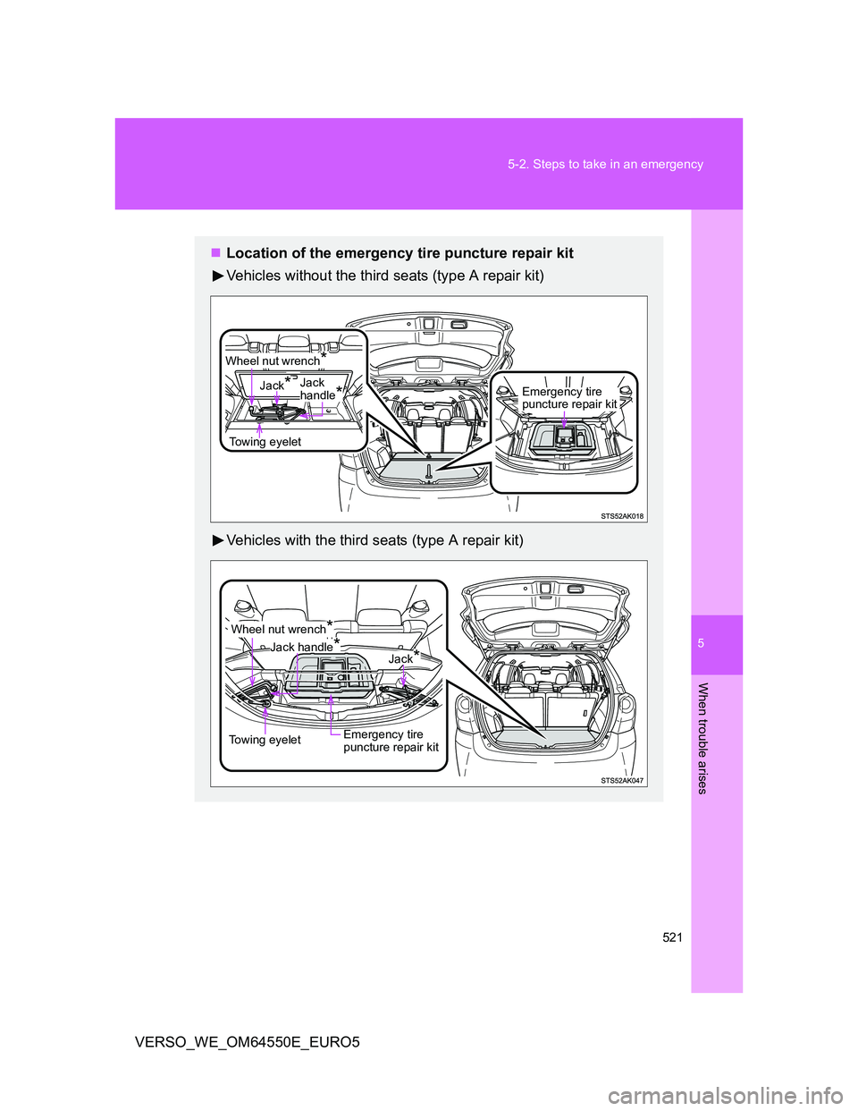 TOYOTA VERSO 2013  Owners Manual 5
521 5-2. Steps to take in an emergency
When trouble arises
VERSO_WE_OM64550E_EURO5
Location of the emergency tire puncture repair kit
Vehicles without the third seats (type A repair kit)
Vehicles
