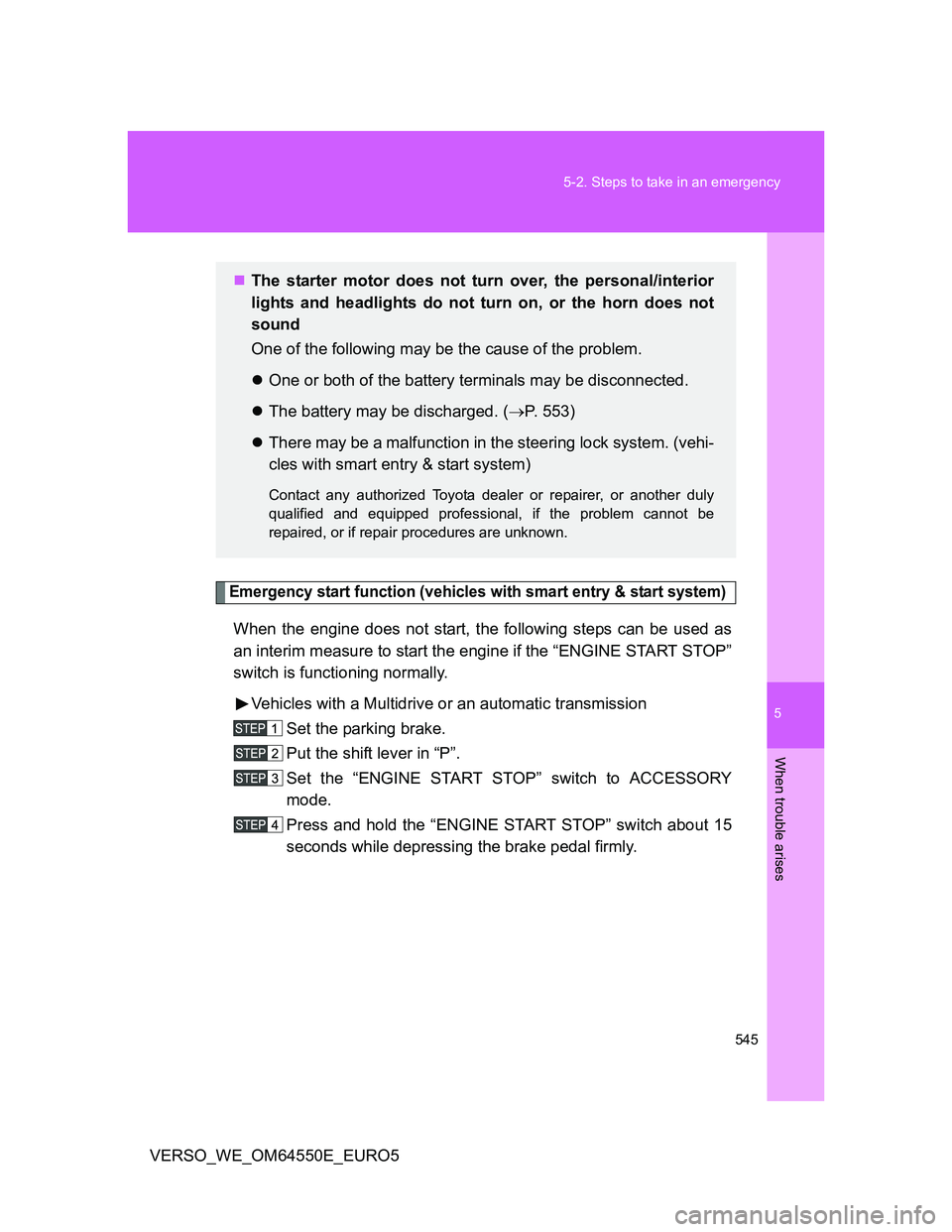 TOYOTA VERSO 2013  Owners Manual 5
545 5-2. Steps to take in an emergency
When trouble arises
VERSO_WE_OM64550E_EURO5
Emergency start function (vehicles with smart entry & start system)
When the engine does not start, the following s
