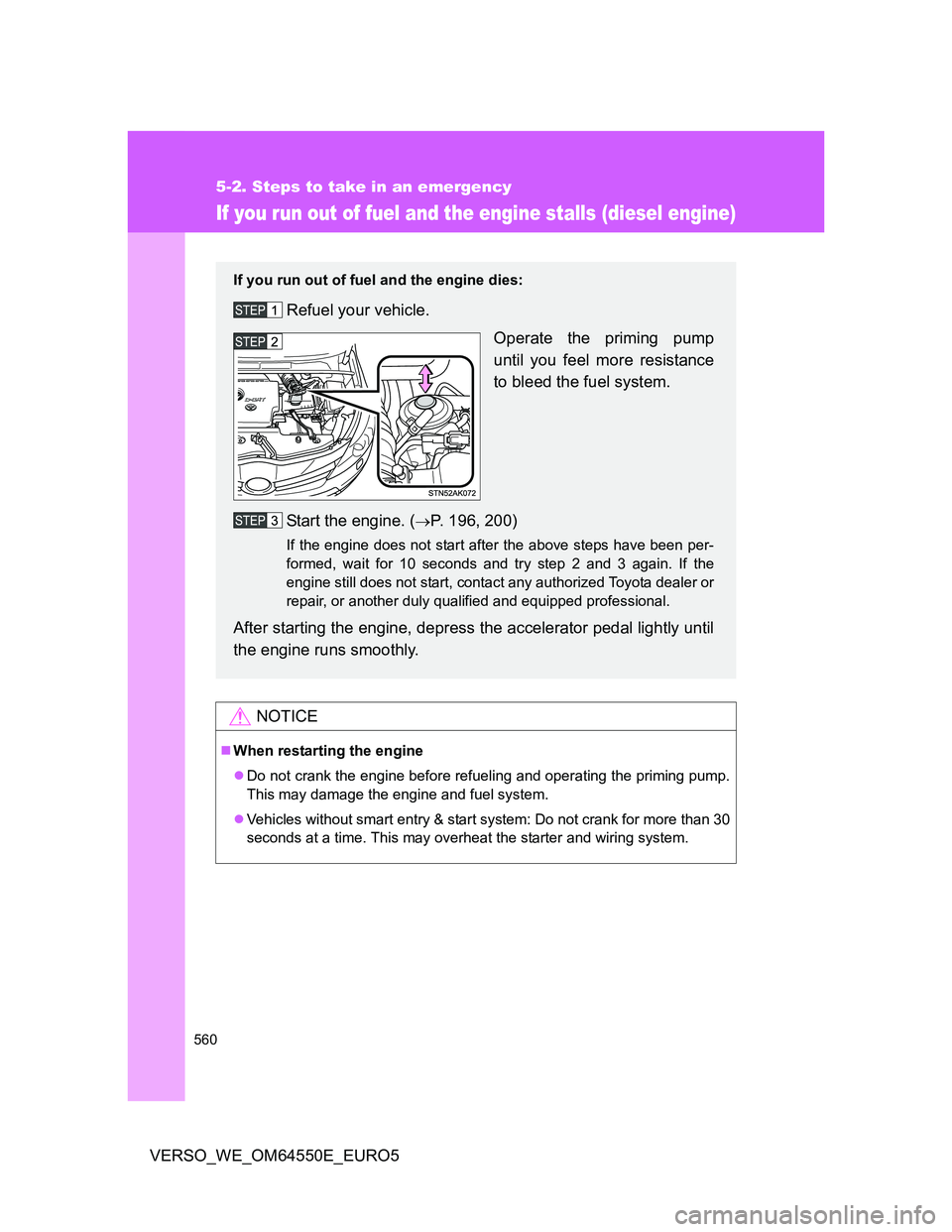 TOYOTA VERSO 2013  Owners Manual 560
5-2. Steps to take in an emergency
VERSO_WE_OM64550E_EURO5
If you run out of fuel and the engine stalls (diesel engine)
NOTICE
When restarting the engine
Do not crank the engine before refue