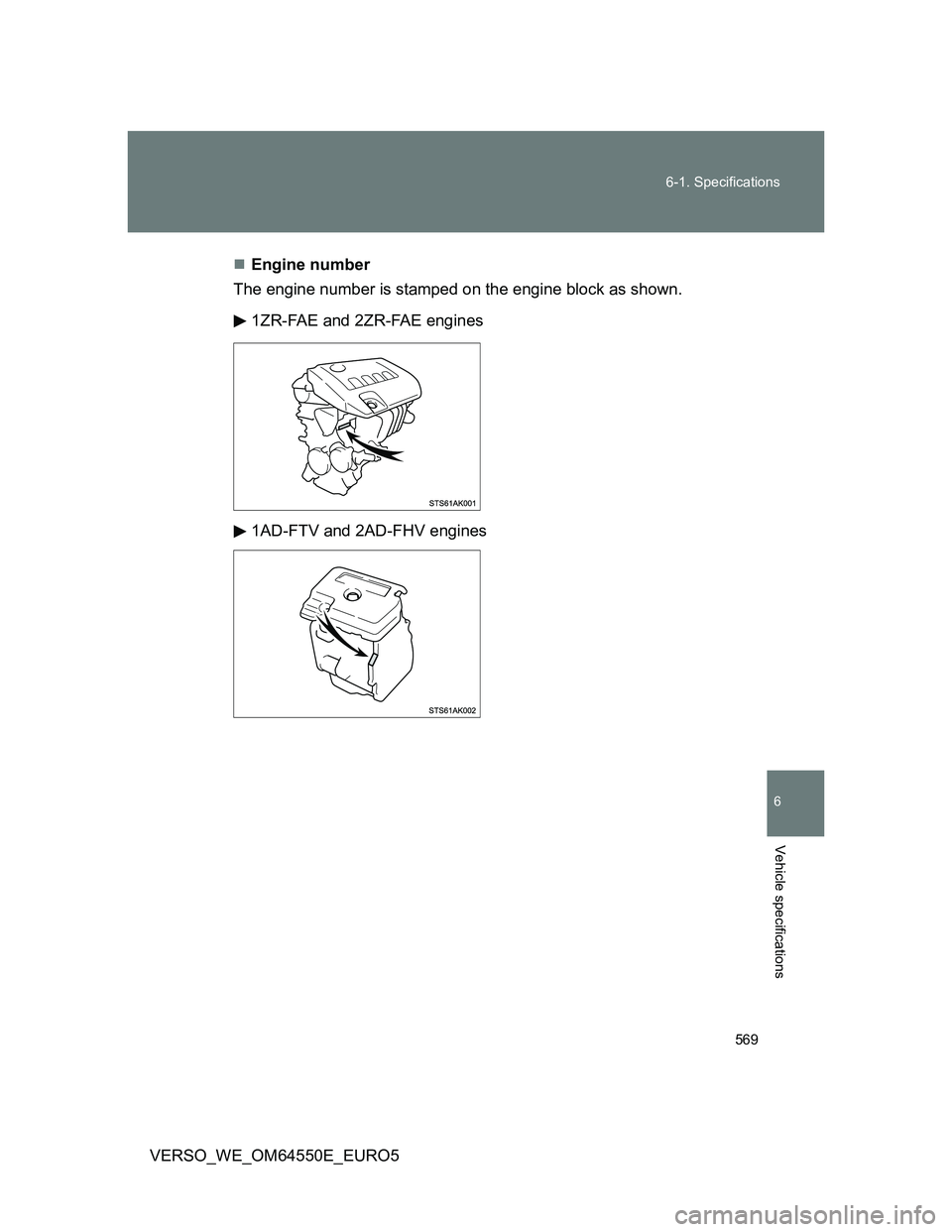 TOYOTA VERSO 2013  Owners Manual 569 6-1. Specifications
6
Vehicle specifications
VERSO_WE_OM64550E_EURO5Engine number
The engine number is stamped on the engine block as shown.
1ZR-FAE and 2ZR-FAE engines
1AD-FTV and 2AD-FHV engi