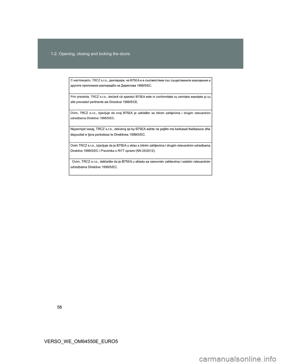 TOYOTA VERSO 2013 Workshop Manual 58 1-2. Opening, closing and locking the doors
VERSO_WE_OM64550E_EURO5 
