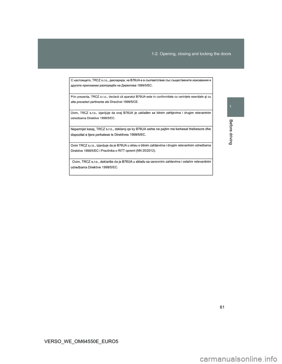 TOYOTA VERSO 2013 Repair Manual 61 1-2. Opening, closing and locking the doors
1
Before driving
VERSO_WE_OM64550E_EURO5 