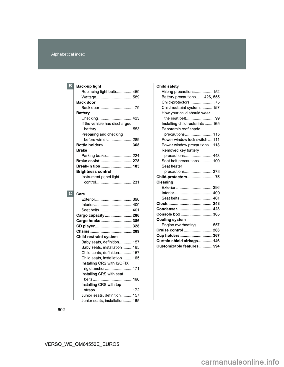 TOYOTA VERSO 2013 Owners Manual 602 Alphabetical index
VERSO_WE_OM64550E_EURO5
Back-up light
Replacing light bulb............... 459
Wattage................................. 589
Back door
Back door ................................ 7 TOYOTA VERSO 2013 Owners Manual 602 Alphabetical index
VERSO_WE_OM64550E_EURO5
Back-up light
Replacing light bulb............... 459
Wattage................................. 589
Back door
Back door ................................ 7