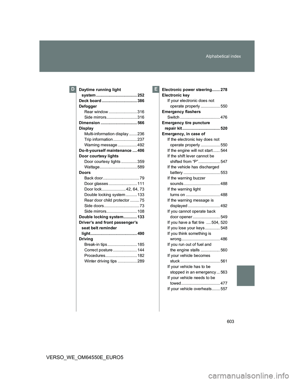 TOYOTA VERSO 2013 Owners Manual 603 Alphabetical index
VERSO_WE_OM64550E_EURO5
Daytime running light
system .................................... 252
Deck board ............................... 386
Defogger
Rear window .............. TOYOTA VERSO 2013 Owners Manual 603 Alphabetical index
VERSO_WE_OM64550E_EURO5
Daytime running light
system .................................... 252
Deck board ............................... 386
Defogger
Rear window ..............