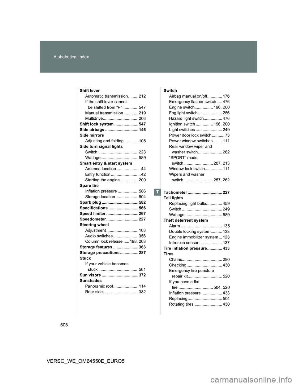 TOYOTA VERSO 2013 Owners Manual 608 Alphabetical index
VERSO_WE_OM64550E_EURO5
Shift lever
Automatic transmission ......... 212
If the shift lever cannot
be shifted from “P” .............. 547
Manual transmission ............. TOYOTA VERSO 2013 Owners Manual 608 Alphabetical index
VERSO_WE_OM64550E_EURO5
Shift lever
Automatic transmission ......... 212
If the shift lever cannot
be shifted from “P” .............. 547
Manual transmission .............