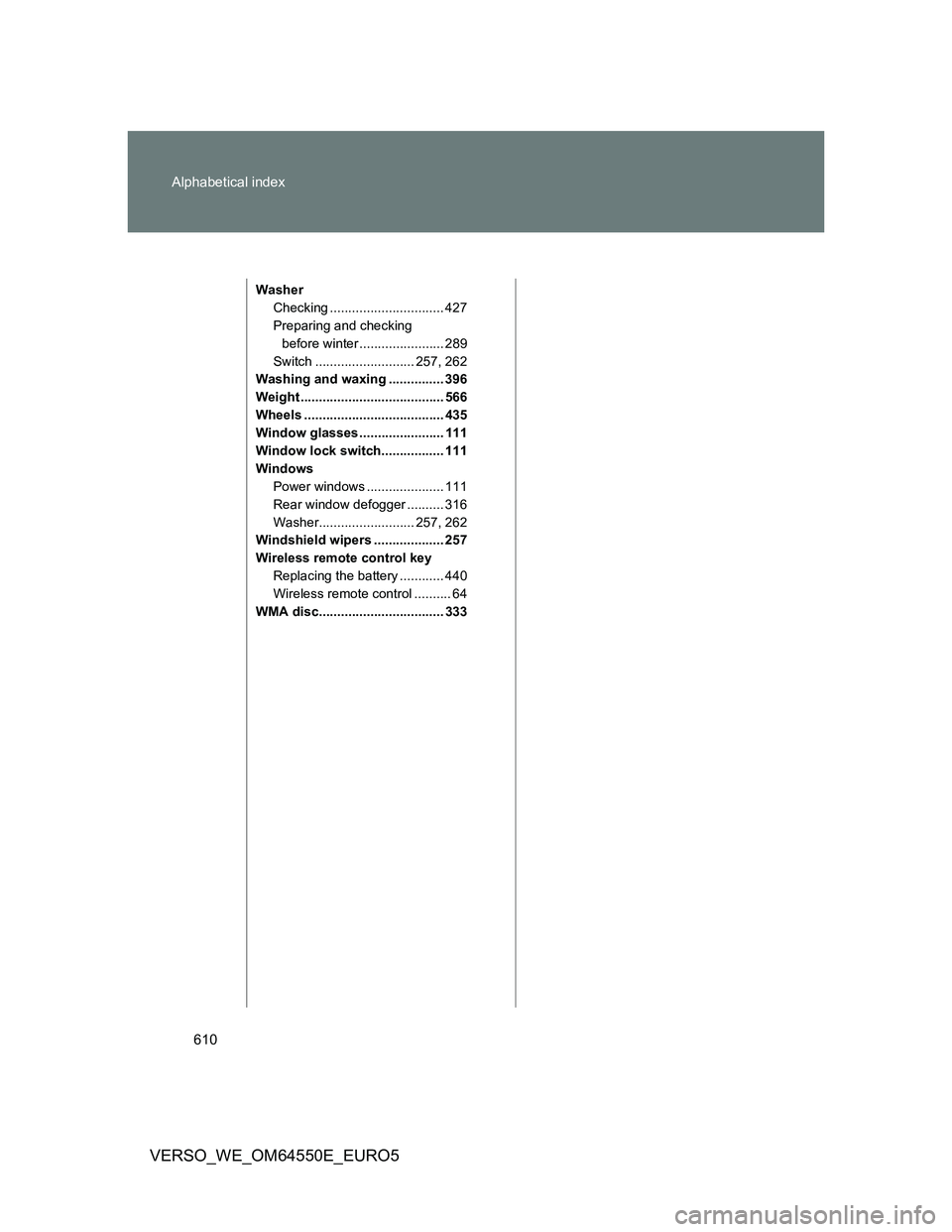 TOYOTA VERSO 2013 Owners Manual 610 Alphabetical index
VERSO_WE_OM64550E_EURO5
Washer
Checking ............................... 427
Preparing and checking
before winter ....................... 289
Switch ........................... TOYOTA VERSO 2013 Owners Manual 610 Alphabetical index
VERSO_WE_OM64550E_EURO5
Washer
Checking ............................... 427
Preparing and checking
before winter ....................... 289
Switch ...........................