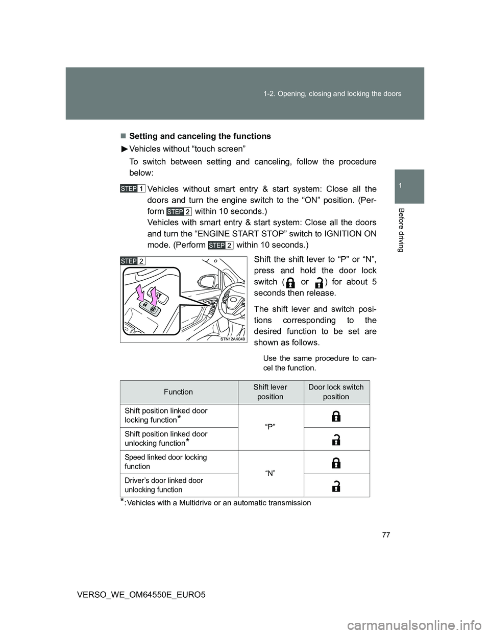 TOYOTA VERSO 2013  Owners Manual 77 1-2. Opening, closing and locking the doors
1
Before driving
VERSO_WE_OM64550E_EURO5Setting and canceling the functions
Vehicles without “touch screen”
To switch between setting and cancelin