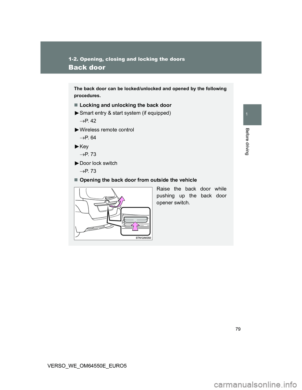 TOYOTA VERSO 2013 Manual PDF 79
1
1-2. Opening, closing and locking the doors
Before driving
VERSO_WE_OM64550E_EURO5
Back door
The back door can be locked/unlocked and opened by the following
procedures.
Locking and unlocking 