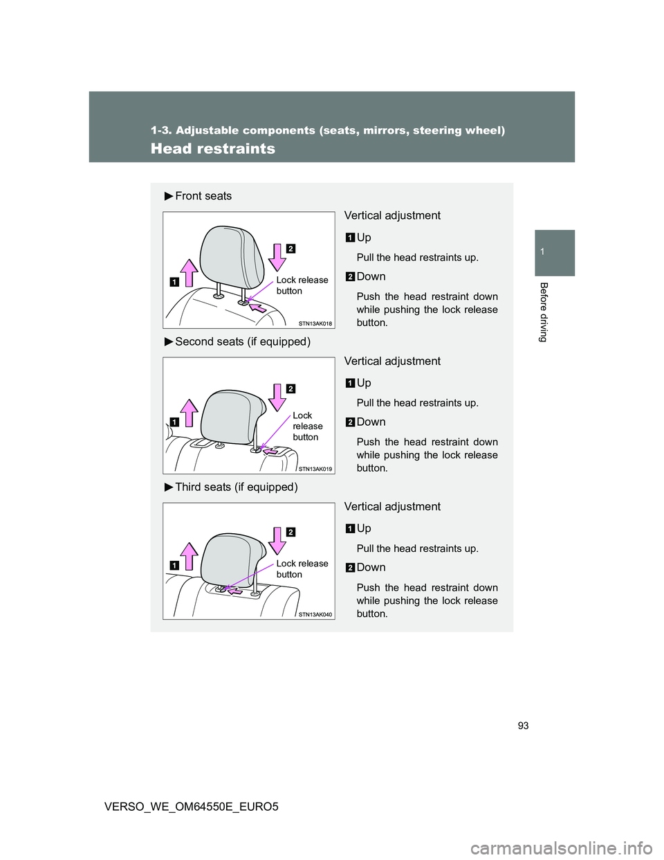 TOYOTA VERSO 2013 Owners Manual 93
1
1-3. Adjustable components (seats, mirrors, steering wheel)
Before driving
VERSO_WE_OM64550E_EURO5
Head restraints
Front seats
Vertical adjustment
Up
Pull the head restraints up.
Down
Push the he TOYOTA VERSO 2013 Owners Manual 93
1
1-3. Adjustable components (seats, mirrors, steering wheel)
Before driving
VERSO_WE_OM64550E_EURO5
Head restraints
Front seats
Vertical adjustment
Up
Pull the head restraints up.
Down
Push the he