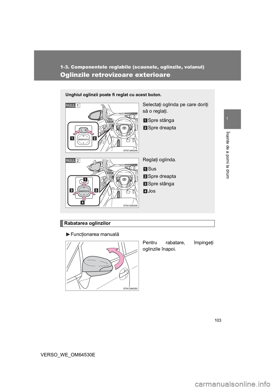 TOYOTA VERSO 2013  Manual de utilizare (in Romanian) 103
1
1-3. Componentele reglabile (scaunele, oglinzile, volanul)
Înainte de a porni la drum
VERSO_WE_OM64530E
Oglinzile retrovizoare exterioare
Rabatarea oglinzilor
Funcţionarea manuală
Pentru raba