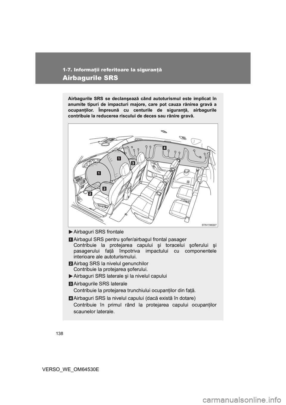 TOYOTA VERSO 2013 Manual de utilizare (in Romanian) 138
1-7. Informaţii referitoare la siguranţă
VERSO_WE_OM64530E
Airbagurile SRS
Airbagurile SRS se declanşează când autoturismul este implicat în
anumite tipuri de impacturi majore, care pot cau TOYOTA VERSO 2013 Manual de utilizare (in Romanian) 138
1-7. Informaţii referitoare la siguranţă
VERSO_WE_OM64530E
Airbagurile SRS
Airbagurile SRS se declanşează când autoturismul este implicat în
anumite tipuri de impacturi majore, care pot cau