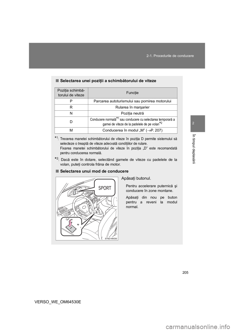 TOYOTA VERSO 2013  Manual de utilizare (in Romanian) 205 2-1. Procedurile de conducere
2
În timpul deplasării
VERSO_WE_OM64530E
■Selectarea unei poziţii a schimbătorului de viteze
*1: Trecerea manetei schimbătorului de viteze în poziţia D permi
