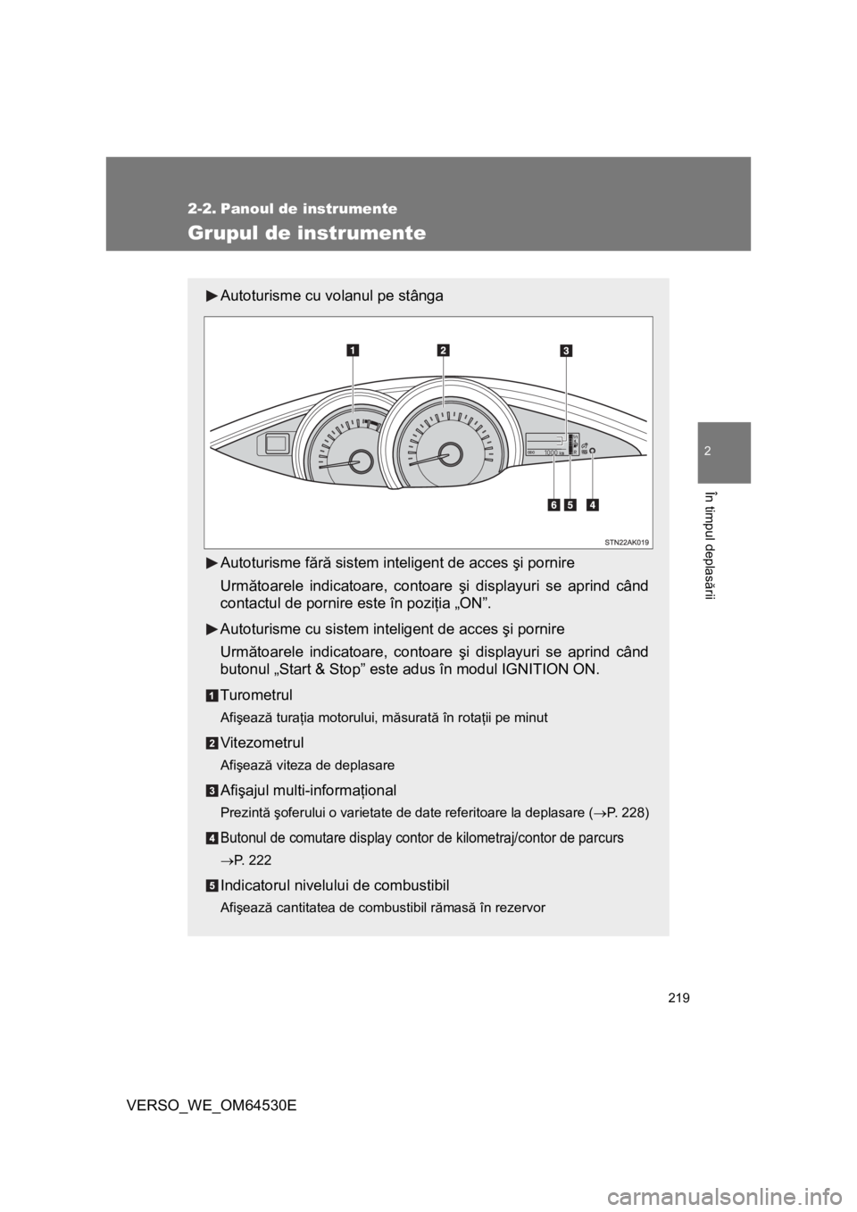 TOYOTA VERSO 2013 Manual de utilizare (in Romanian) 219
2
În timpul deplasării
VERSO_WE_OM64530E
2-2. Panoul de instrumente
Grupul de instrumente
Autoturisme cu volanul pe stânga
Autoturisme fără sistem inteligent de acces şi pornire
Următoarele TOYOTA VERSO 2013 Manual de utilizare (in Romanian) 219
2
În timpul deplasării
VERSO_WE_OM64530E
2-2. Panoul de instrumente
Grupul de instrumente
Autoturisme cu volanul pe stânga
Autoturisme fără sistem inteligent de acces şi pornire
Următoarele