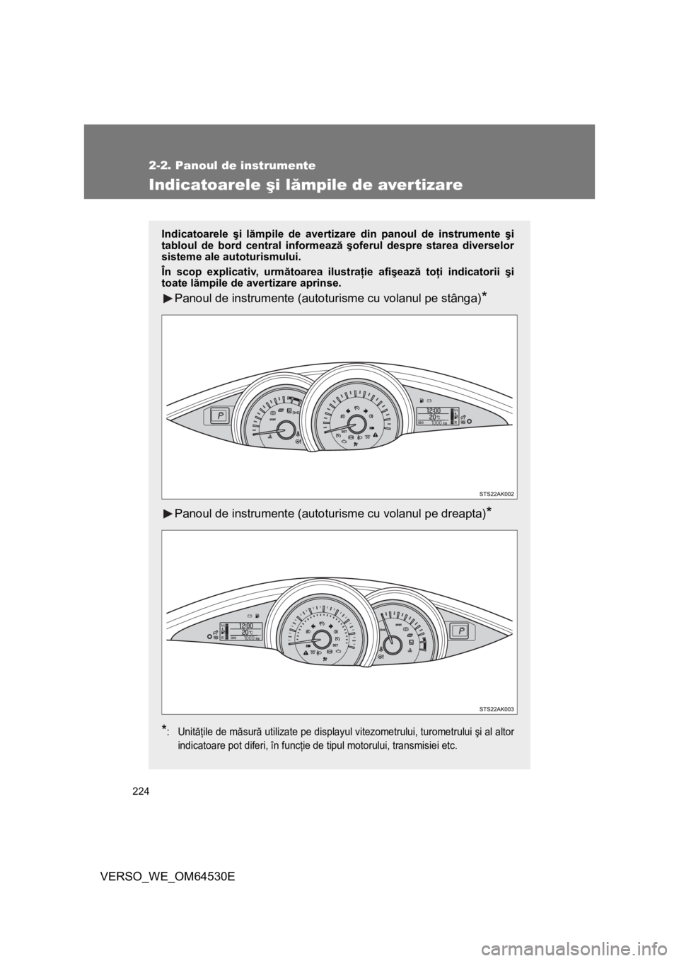 TOYOTA VERSO 2013 Manual de utilizare (in Romanian) 224
2-2. Panoul de instrumente
VERSO_WE_OM64530E
Indicatoarele şi lămpile de avertizare
Indicatoarele şi lămpile de avertizare din panoul de instrumente şi
tabloul de bord central informează şo TOYOTA VERSO 2013 Manual de utilizare (in Romanian) 224
2-2. Panoul de instrumente
VERSO_WE_OM64530E
Indicatoarele şi lămpile de avertizare
Indicatoarele şi lămpile de avertizare din panoul de instrumente şi
tabloul de bord central informează şo