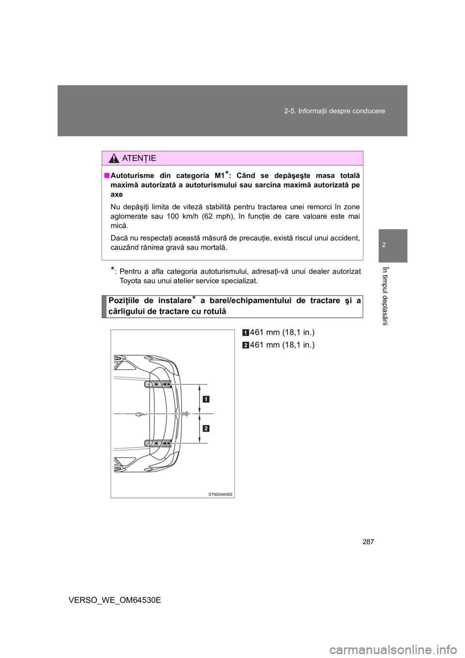 TOYOTA VERSO 2013 Manual de utilizare (in Romanian) 287 2-5. Informaţii despre conducere
2
În timpul deplasării
VERSO_WE_OM64530E
*: Pentru a afla categoria autoturismului, adresaţi-vă unui dealer autorizat
Toyota sau unui atelier service speciali TOYOTA VERSO 2013 Manual de utilizare (in Romanian) 287 2-5. Informaţii despre conducere
2
În timpul deplasării
VERSO_WE_OM64530E
*: Pentru a afla categoria autoturismului, adresaţi-vă unui dealer autorizat
Toyota sau unui atelier service speciali