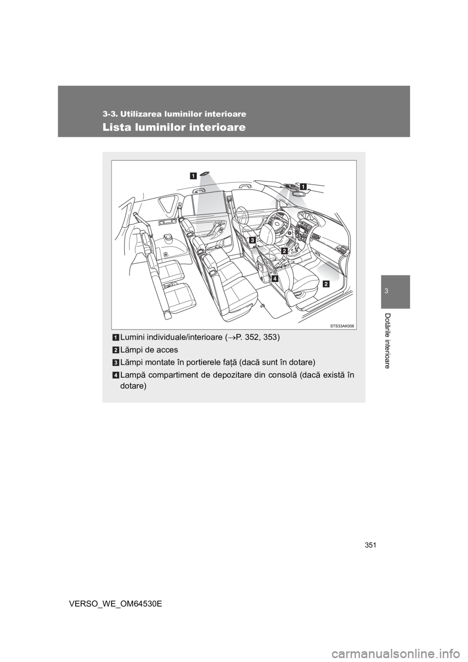 TOYOTA VERSO 2013  Manual de utilizare (in Romanian) 351
3
Dotările interioare
VERSO_WE_OM64530E
3-3. Utilizarea luminilor interioare
Lista luminilor interioare
Lumini individuale/interioare (P. 352, 353)
Lămpi de acces
Lămpi montate în portierel