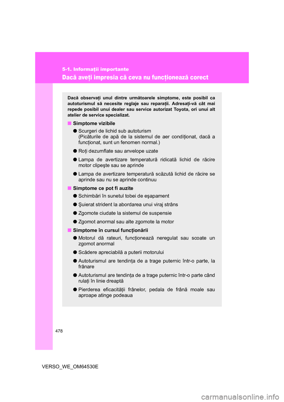 TOYOTA VERSO 2013 Manual de utilizare (in Romanian) 478
5-1. Informaţii importante
VERSO_WE_OM64530E
Dacă aveţi impresia că ceva nu funcţionează corect
Dacă observaţi unul dintre următoarele simptome, este posibil ca
autoturismul să necesite TOYOTA VERSO 2013 Manual de utilizare (in Romanian) 478
5-1. Informaţii importante
VERSO_WE_OM64530E
Dacă aveţi impresia că ceva nu funcţionează corect
Dacă observaţi unul dintre următoarele simptome, este posibil ca
autoturismul să necesite