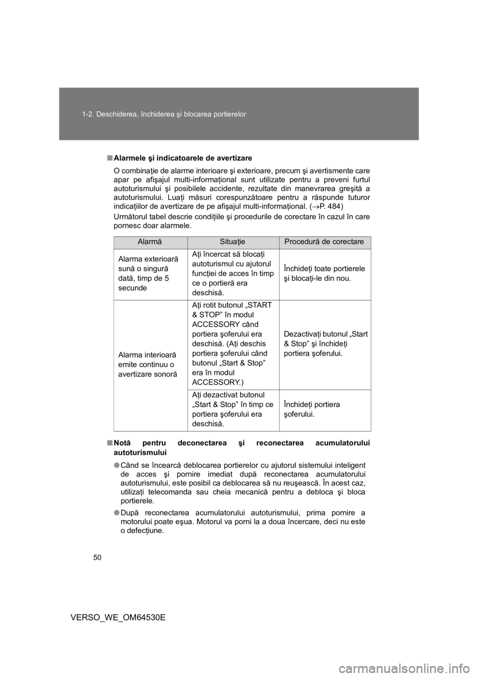 TOYOTA VERSO 2013 Manual de utilizare (in Romanian) 50 1-2. Deschiderea, închiderea şi blocarea portierelor
VERSO_WE_OM64530E
■Alarmele şi indicatoarele de avertizare
O combinaţie de alarme interioare şi exterioare, precum şi avertismente care
TOYOTA VERSO 2013 Manual de utilizare (in Romanian) 50 1-2. Deschiderea, închiderea şi blocarea portierelor
VERSO_WE_OM64530E
■Alarmele şi indicatoarele de avertizare
O combinaţie de alarme interioare şi exterioare, precum şi avertismente care
