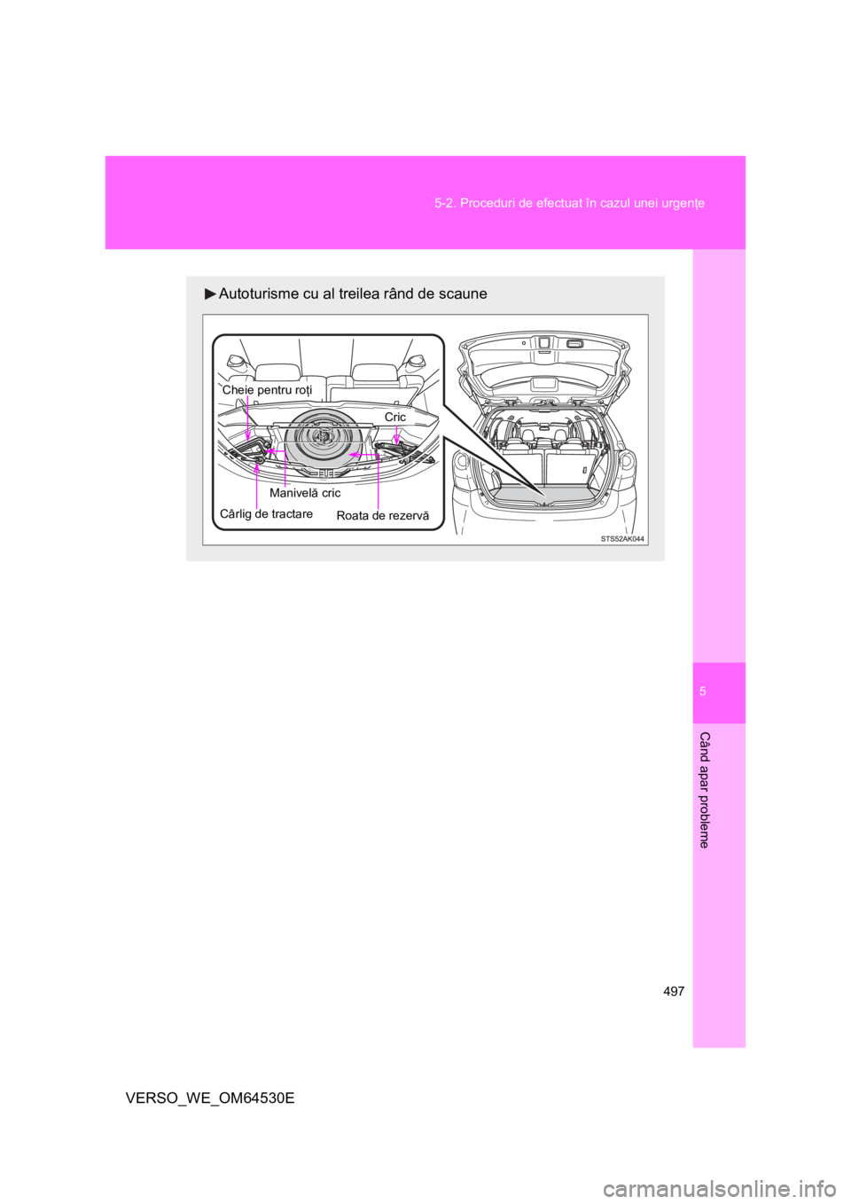 TOYOTA VERSO 2013  Manual de utilizare (in Romanian) 5
497 5-2. Proceduri de efectuat în cazul unei urgenţe
Când apar probleme
VERSO_WE_OM64530E
Autoturisme cu al treilea rând de scaune
Roata de rezervă
 Manivelă cric
Cric
 Cheie pentru roţi
Câr