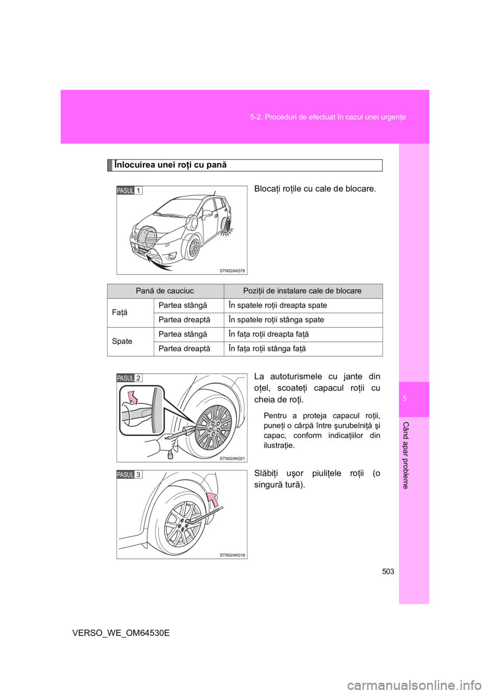 TOYOTA VERSO 2013 Manual de utilizare (in Romanian) 5
503 5-2. Proceduri de efectuat în cazul unei urgenţe
Când apar probleme
VERSO_WE_OM64530E
Înlocuirea unei roţi cu pană
Blocaţi roţile cu cale de blocare.
La autoturismele cu jante din
oţel, TOYOTA VERSO 2013 Manual de utilizare (in Romanian) 5
503 5-2. Proceduri de efectuat în cazul unei urgenţe
Când apar probleme
VERSO_WE_OM64530E
Înlocuirea unei roţi cu pană
Blocaţi roţile cu cale de blocare.
La autoturismele cu jante din
oţel,