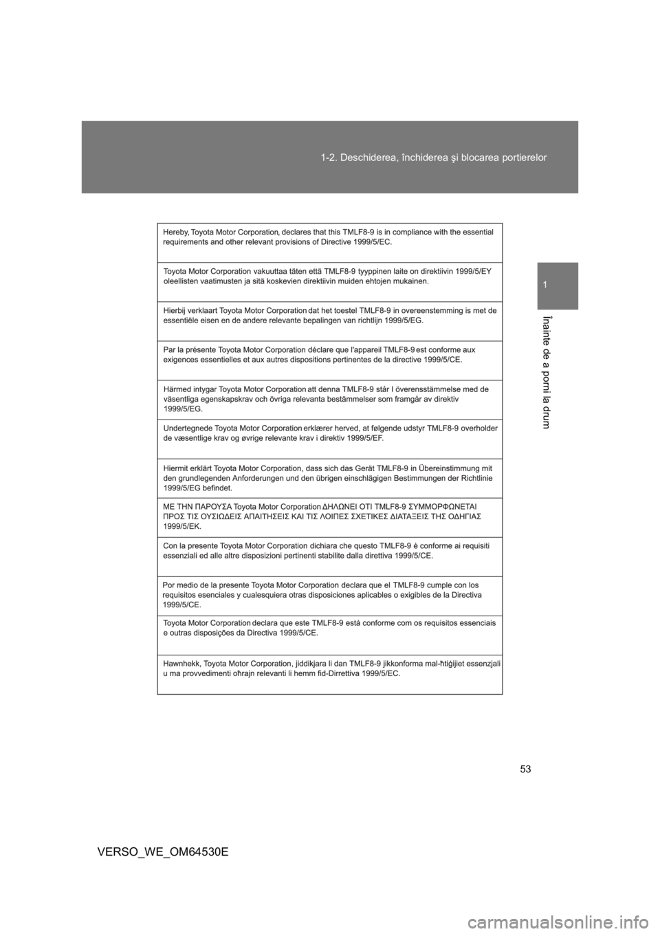 TOYOTA VERSO 2013  Manual de utilizare (in Romanian) 53 1-2. Deschiderea, închiderea şi blocarea portierelor
1
Înainte de a porni la drum
VERSO_WE_OM64530E 