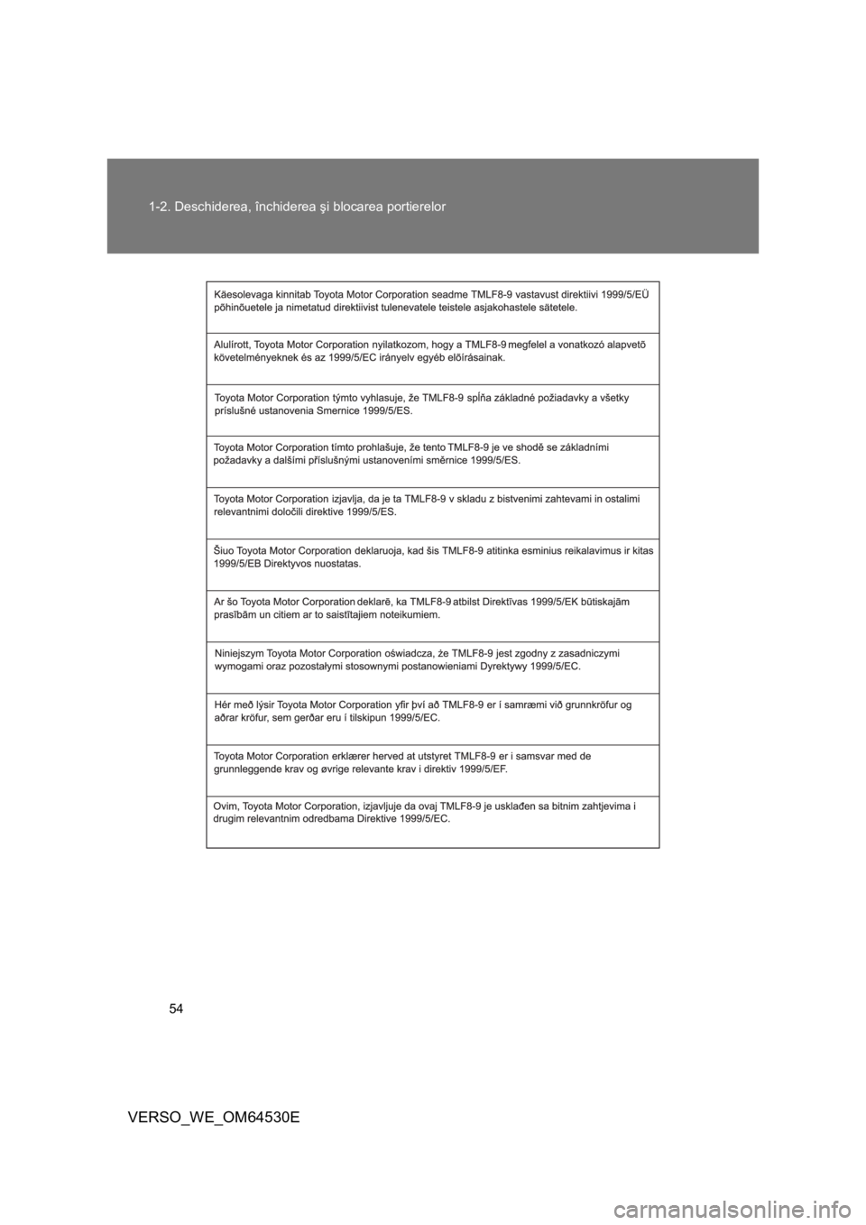 TOYOTA VERSO 2013  Manual de utilizare (in Romanian) 54 1-2. Deschiderea, închiderea şi blocarea portierelor
VERSO_WE_OM64530E 