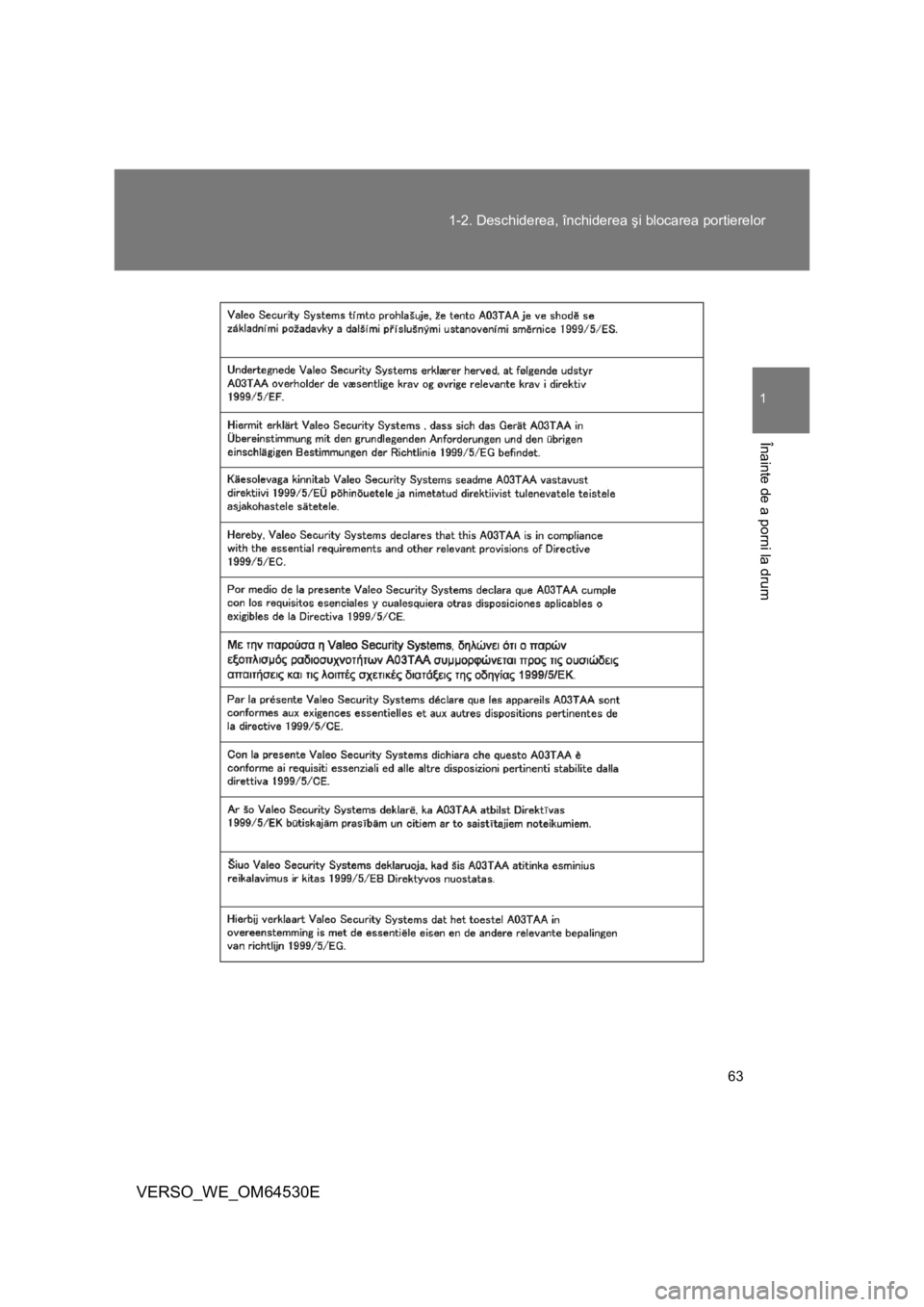 TOYOTA VERSO 2013  Manual de utilizare (in Romanian) 63 1-2. Deschiderea, închiderea şi blocarea portierelor
1
Înainte de a porni la drum
VERSO_WE_OM64530E 