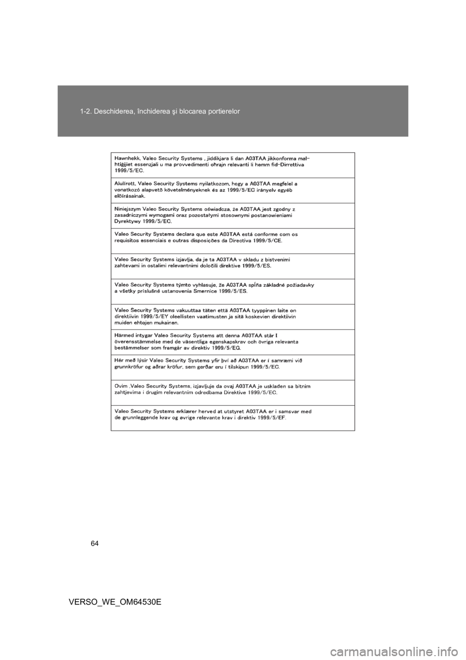 TOYOTA VERSO 2013  Manual de utilizare (in Romanian) 64 1-2. Deschiderea, închiderea şi blocarea portierelor
VERSO_WE_OM64530E 