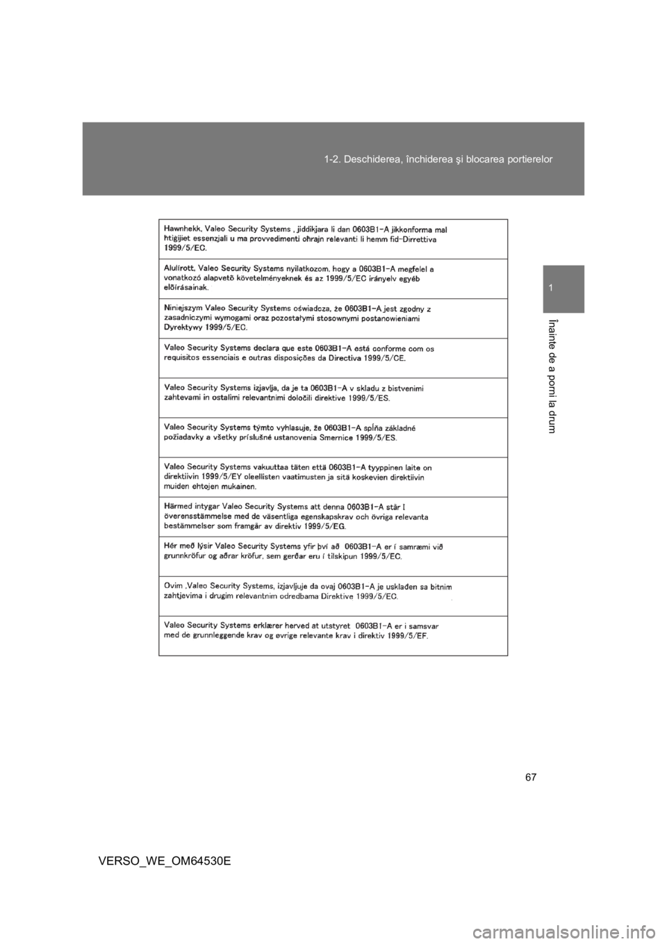 TOYOTA VERSO 2013  Manual de utilizare (in Romanian) 67 1-2. Deschiderea, închiderea şi blocarea portierelor
1
Înainte de a porni la drum
VERSO_WE_OM64530E 