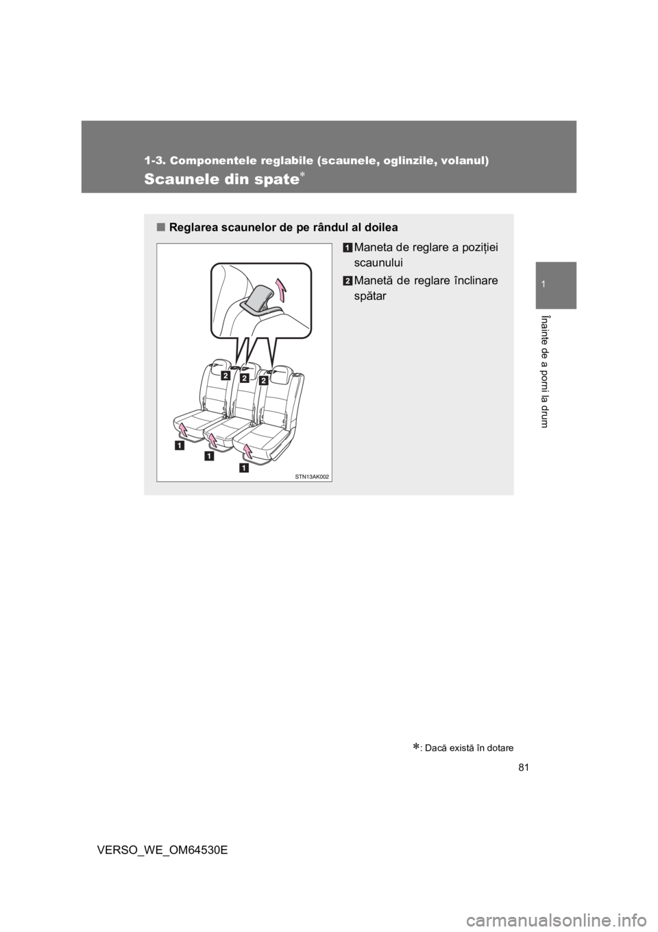 TOYOTA VERSO 2013 Manual de utilizare (in Romanian) 81
1
1-3. Componentele reglabile (scaunele, oglinzile, volanul)
Înainte de a porni la drum
VERSO_WE_OM64530E
Scaunele din spate
: Dacă există în dotare
■Reglarea scaunelor de pe rândul al TOYOTA VERSO 2013 Manual de utilizare (in Romanian) 81
1
1-3. Componentele reglabile (scaunele, oglinzile, volanul)
Înainte de a porni la drum
VERSO_WE_OM64530E
Scaunele din spate
: Dacă există în dotare
■Reglarea scaunelor de pe rândul al