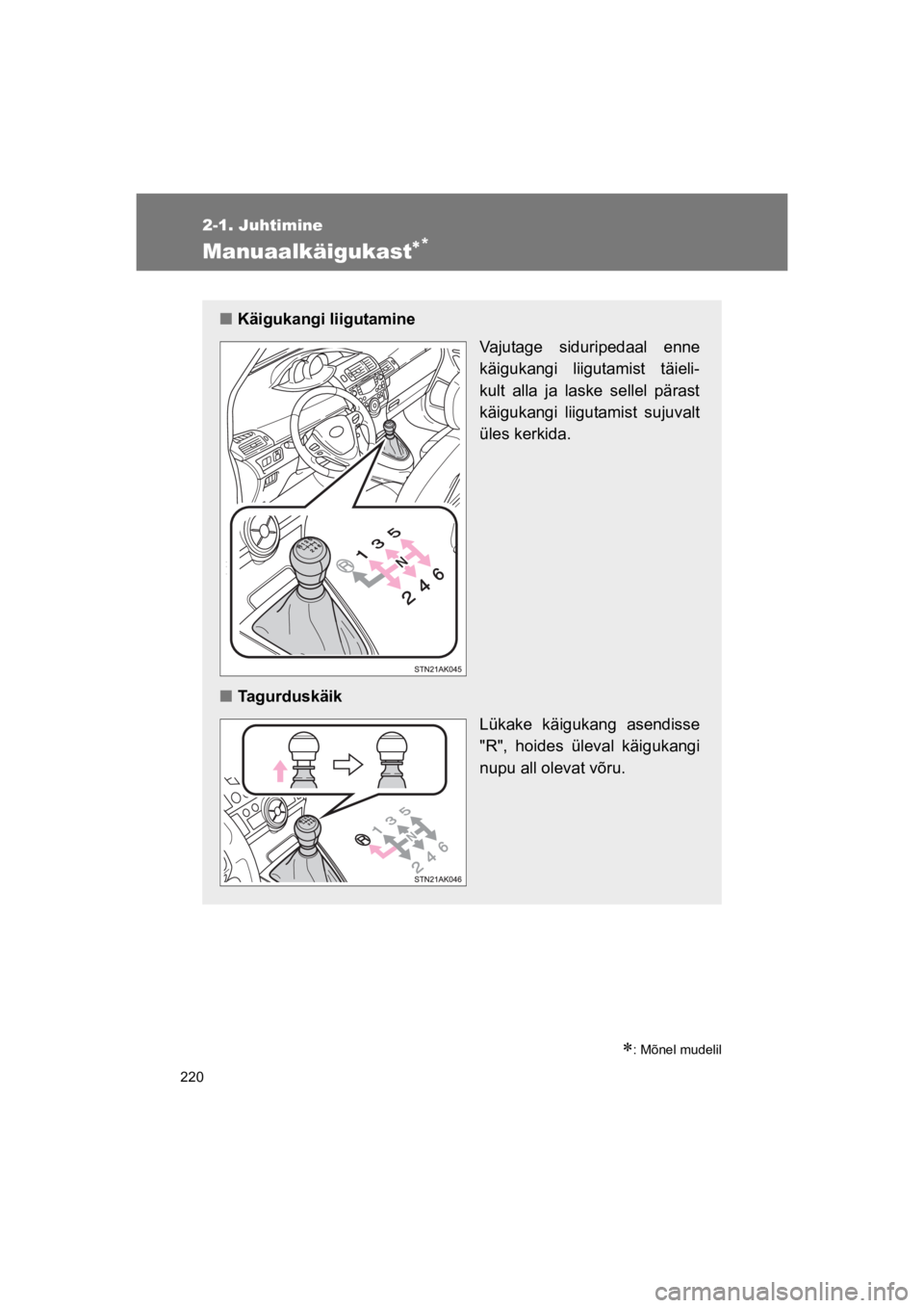 TOYOTA VERSO 2015  Kasutusjuhend (in Estonian) 220
2-1. Juhtimine
VERSO(BMW)_WE_OM64558E
Manuaalkäigukast!*
!: Mõnel mudelil
"Käigukangi liigutamine 
Vajutage  siduripedaal  enne
käigukangi  liigutamist  täieli-
kult  alla  ja  laske  sellel 