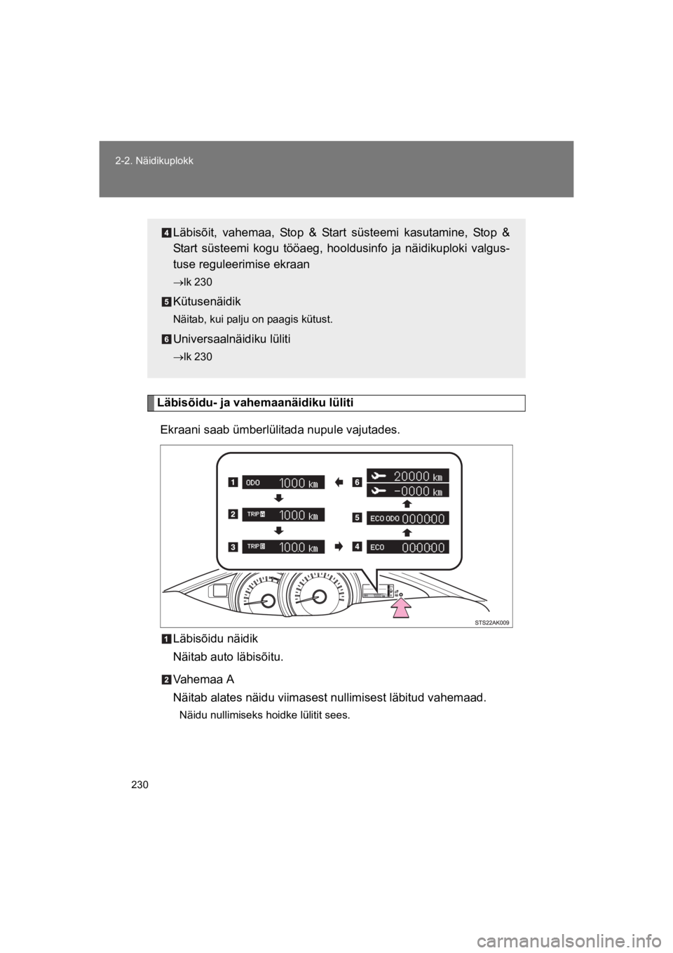 TOYOTA VERSO 2015  Kasutusjuhend (in Estonian) 230
2-2. Näidikuplokk
VERSO(BMW)_WE_OM64558E
Läbisõidu- ja vahemaanäidiku lüliti
Ekraani saab ümberlülitada nupule vajutades.
Läbisõidu näidik
Näitab auto läbisõitu.
Vahemaa A
Näitab ala