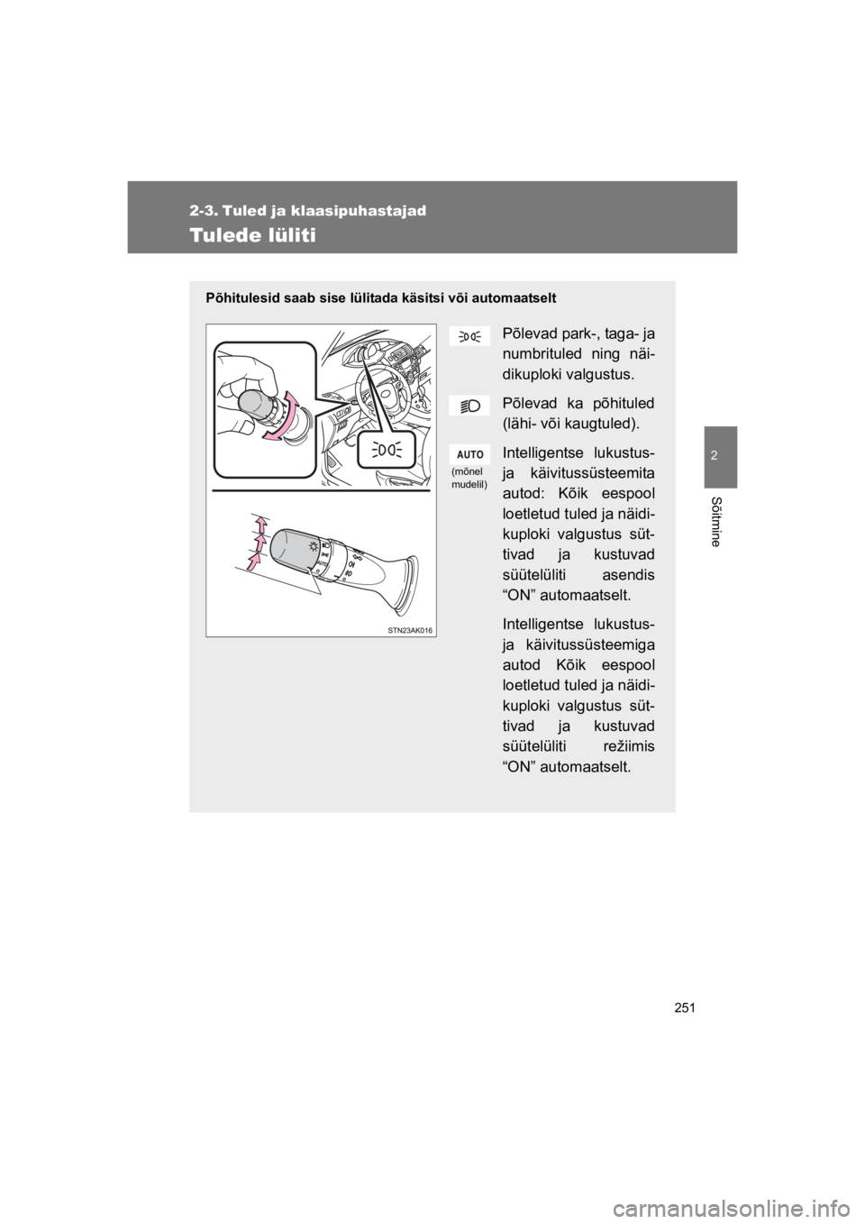 TOYOTA VERSO 2015 Kasutusjuhend (in Estonian) 251
2
Sõitmine
VERSO(BMW)_WE_OM64558E
2-3. Tuled ja klaasipuhastajad
Tulede lüliti
Põhitulesid saab sise lülitada käsitsi või automaatselt
Põlevad park-, taga- ja
numbrituled ning näi-
dikup TOYOTA VERSO 2015 Kasutusjuhend (in Estonian) 251
2
Sõitmine
VERSO(BMW)_WE_OM64558E
2-3. Tuled ja klaasipuhastajad
Tulede lüliti
Põhitulesid saab sise lülitada käsitsi või automaatselt
Põlevad park-, taga- ja
numbrituled ning näi-
dikup