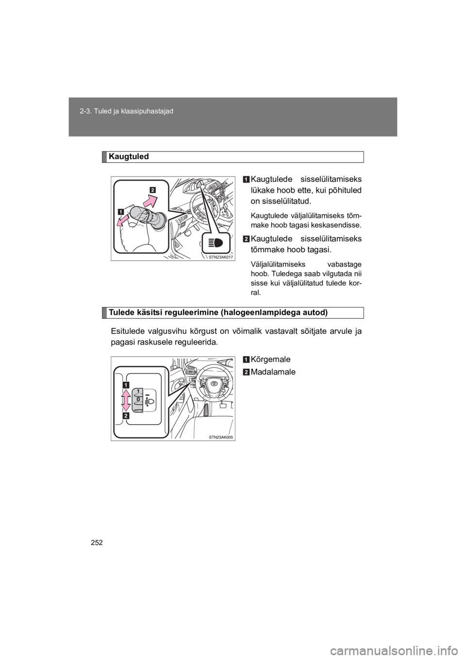 TOYOTA VERSO 2015 Kasutusjuhend (in Estonian) 252
2-3. Tuled ja klaasipuhastajad
VERSO(BMW)_WE_OM64558E
Kaugtuled
Kaugtulede sisselülitamiseks
lükake hoob ette, kui põhituled
on sisselülitatud.
Kaugtulede väljalülitamiseks tõm-
make ho TOYOTA VERSO 2015 Kasutusjuhend (in Estonian) 252
2-3. Tuled ja klaasipuhastajad
VERSO(BMW)_WE_OM64558E
Kaugtuled
Kaugtulede sisselülitamiseks
lükake hoob ette, kui põhituled
on sisselülitatud.
Kaugtulede väljalülitamiseks tõm-
make ho