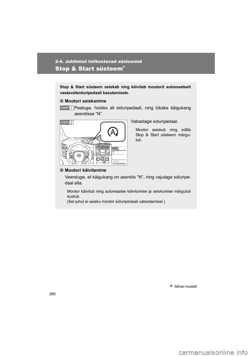 TOYOTA VERSO 2015 Kasutusjuhend (in Estonian) 280
2-4. Juhtimist hõlbustavad süsteemid
VERSO(BMW)_WE_OM64558E
Stop & Start süsteem!
!: Mõnel mudelil
Stop & Start süsteem seiskab ning käivitab mootorit automaatselt
vastavaltsiduripeda TOYOTA VERSO 2015 Kasutusjuhend (in Estonian) 280
2-4. Juhtimist hõlbustavad süsteemid
VERSO(BMW)_WE_OM64558E
Stop & Start süsteem!
!: Mõnel mudelil
Stop & Start süsteem seiskab ning käivitab mootorit automaatselt
vastavaltsiduripeda