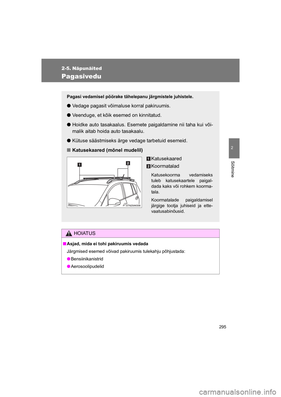 TOYOTA VERSO 2015 Kasutusjuhend (in Estonian) 295
2
Sõitmine
VERSO(BMW)_WE_OM64558E
2-5. Näpunäited
Pagasivedu
HOIATUS
"Asjad, mida ei tohi pakiruumis vedada
Järgmised esemed võivad pakiruumis tulekahju põhjustada:
!Bensiinikanistrid
!Aeros TOYOTA VERSO 2015 Kasutusjuhend (in Estonian) 295
2
Sõitmine
VERSO(BMW)_WE_OM64558E
2-5. Näpunäited
Pagasivedu
HOIATUS
"Asjad, mida ei tohi pakiruumis vedada
Järgmised esemed võivad pakiruumis tulekahju põhjustada:
!Bensiinikanistrid
!Aeros