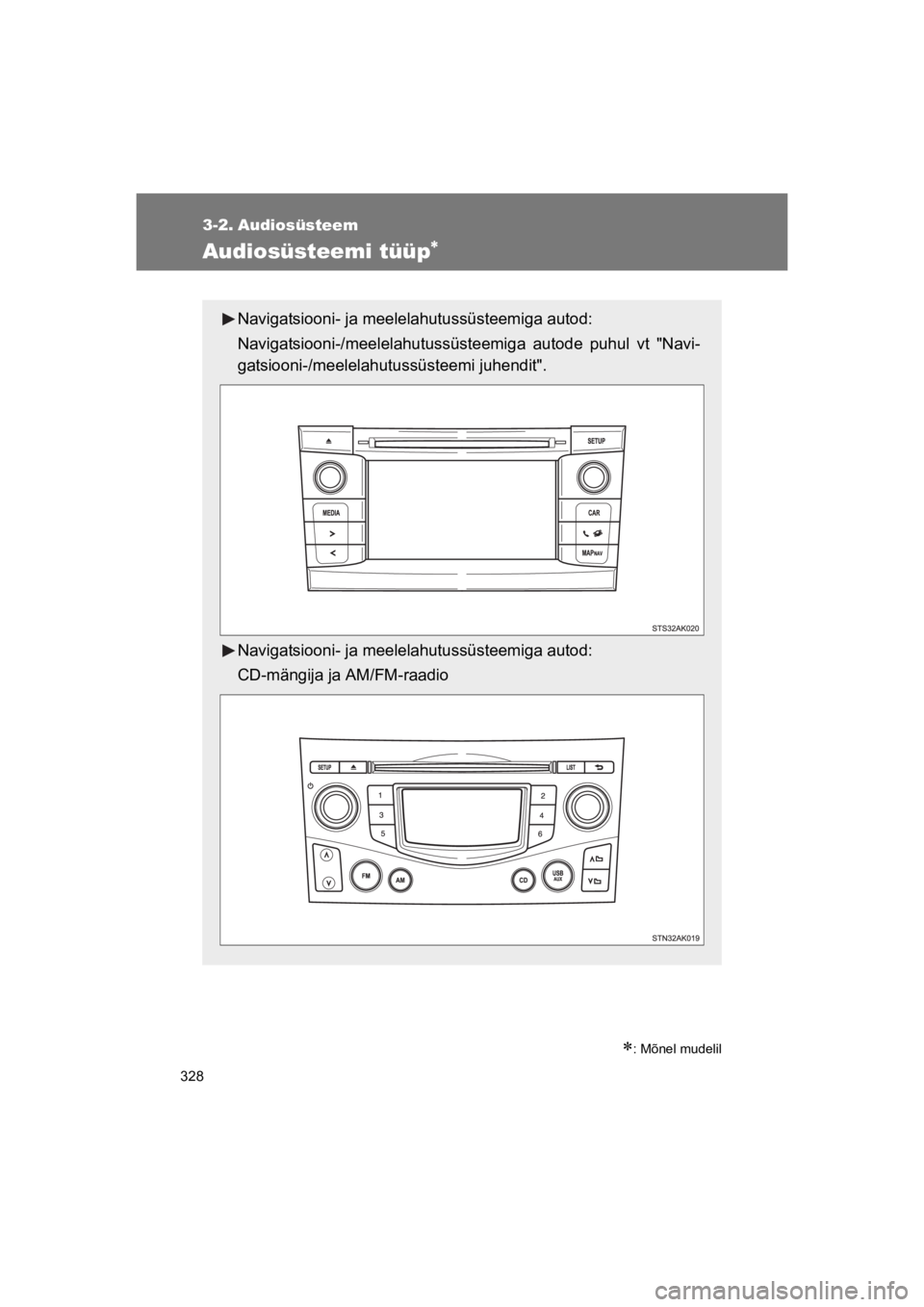 TOYOTA VERSO 2015 Kasutusjuhend (in Estonian) 328
VERSO(BMW)_WE_OM64558E
3-2. Audiosüsteem
Audiosüsteemi tüüp!
!: Mõnel mudelil
Navigatsiooni- ja meelelahutussüsteemiga autod:
Navigatsiooni-/meelelahutussüsteemiga autode puhul vt "Navi TOYOTA VERSO 2015 Kasutusjuhend (in Estonian) 328
VERSO(BMW)_WE_OM64558E
3-2. Audiosüsteem
Audiosüsteemi tüüp!
!: Mõnel mudelil
Navigatsiooni- ja meelelahutussüsteemiga autod:
Navigatsiooni-/meelelahutussüsteemiga autode puhul vt "Navi