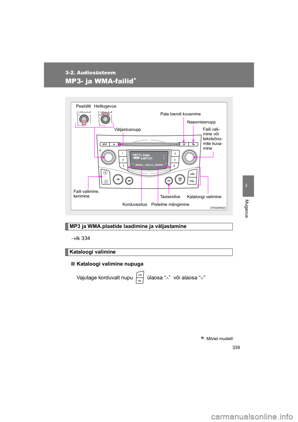 TOYOTA VERSO 2015 Kasutusjuhend (in Estonian) 339
3-2. Audiosüsteem
3
Mugavus
VERSO(BMW)_WE_OM64558E
MP3- ja WMA-failid!
MP3 ja WMA.plaatide laadimine ja väljastamine
#lk 334
Kataloogi valimine
"Kataloogi valimine nupuga
Vajutage korduvalt nupu TOYOTA VERSO 2015 Kasutusjuhend (in Estonian) 339
3-2. Audiosüsteem
3
Mugavus
VERSO(BMW)_WE_OM64558E
MP3- ja WMA-failid!
MP3 ja WMA.plaatide laadimine ja väljastamine
#lk 334
Kataloogi valimine
"Kataloogi valimine nupuga
Vajutage korduvalt nupu