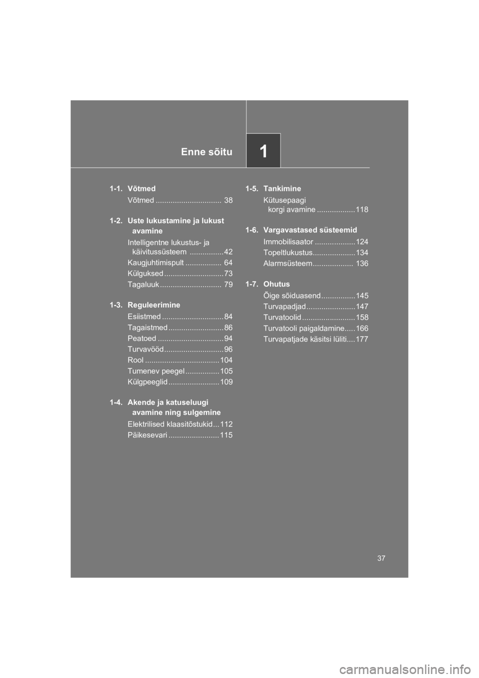 TOYOTA VERSO 2015  Kasutusjuhend (in Estonian) 1Enne sõitu
37
VERSO(BMW)_WE_OM64558E
1-1. Võtmed
Võtmed ...............................  38
1-2. Uste lukustamine ja lukust 
avamine
Intelligentne lukustus- ja 
käivitussüsteem  ................