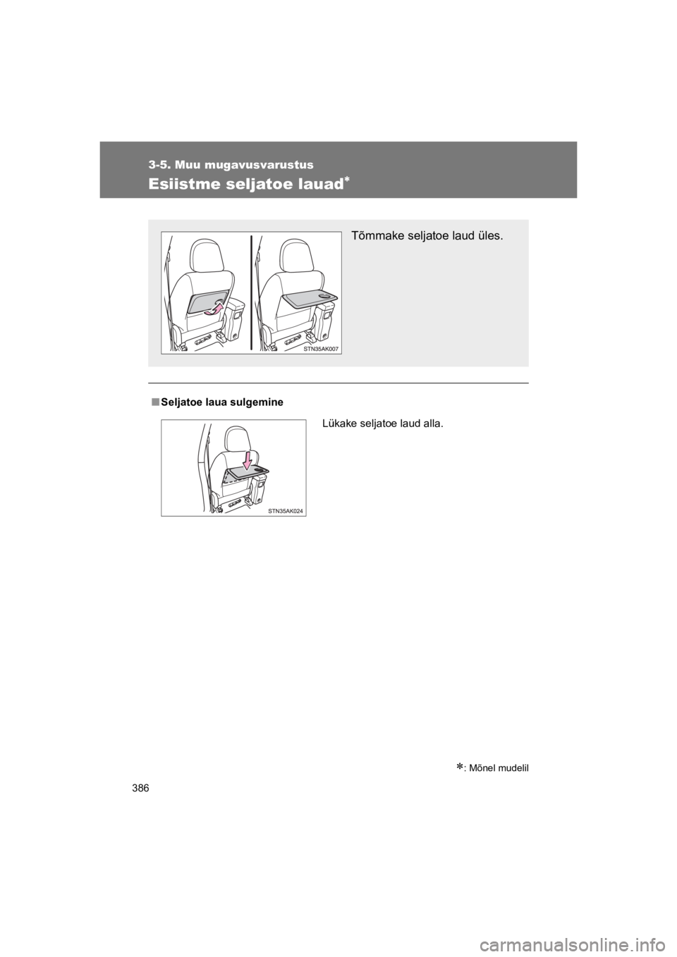 TOYOTA VERSO 2015  Kasutusjuhend (in Estonian) 386
3-5. Muu mugavusvarustus
VERSO(BMW)_WE_OM64558E
Esiistme seljatoe lauad!
!: Mõnel mudelil
"Seljatoe laua sulgemine
Tõmmake seljatoe laud üles.
Lükake seljatoe laud alla.
VERSO_WE.book  Page 38