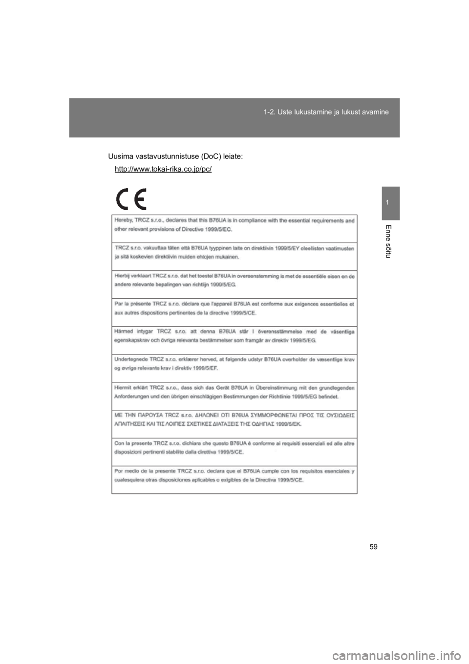 TOYOTA VERSO 2015  Kasutusjuhend (in Estonian) 59
1-2. Uste lukustamine ja lukust avamine
1
Enne sõitu
VERSO(BMW)_WE_OM64558E
Uusima vastavustunnistuse (DoC) leiate:
http://www.tokai-rika.co.jp/pc/
VERSO_WE.book  Page 59  Saturday, February 8, 20